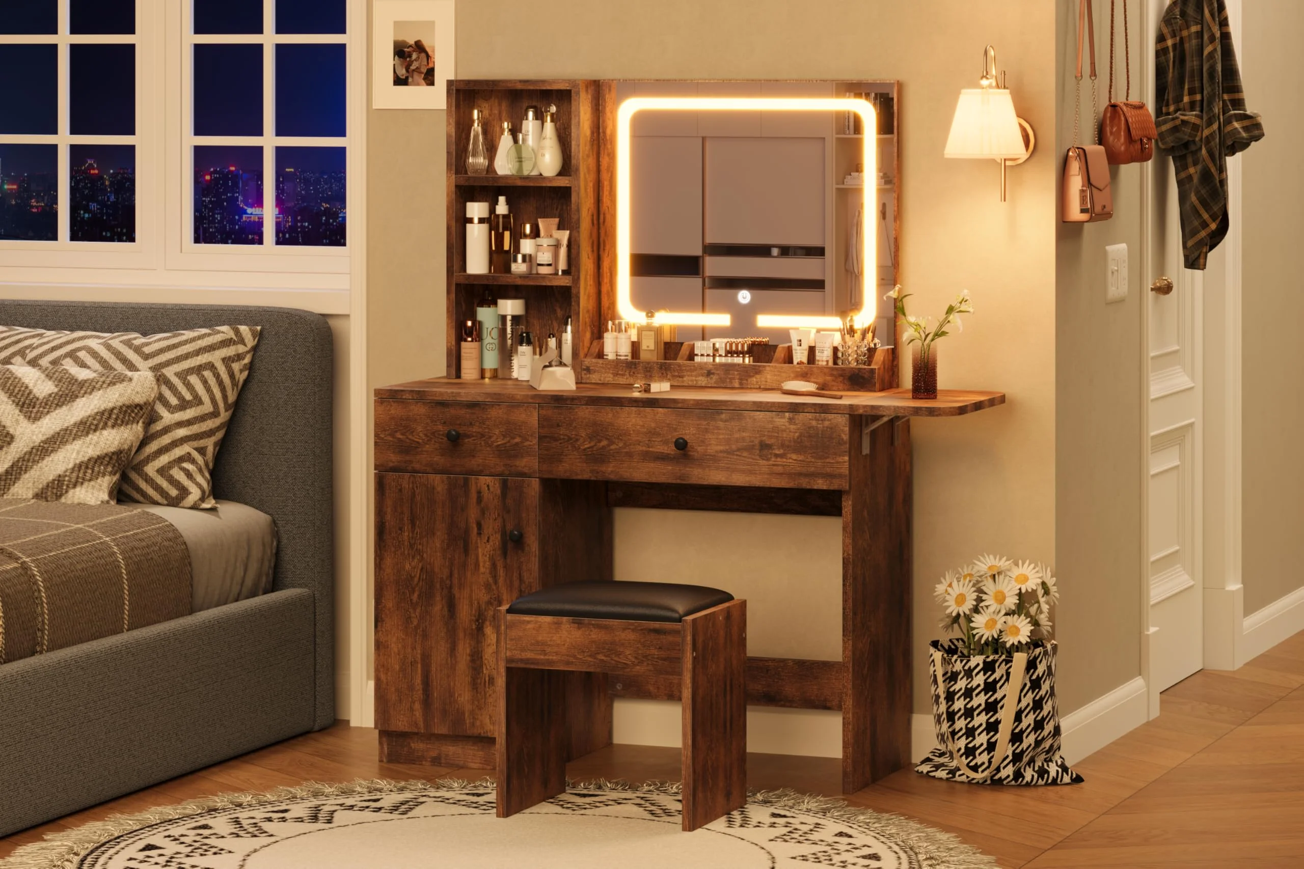 DSstyles Brown/Black/White Vanity Desk with LED Lighted Mirror & Power Outlet, Makeup Vanity with Drawers & Cabinet & Chair, Vanity Table Set for Bedroom