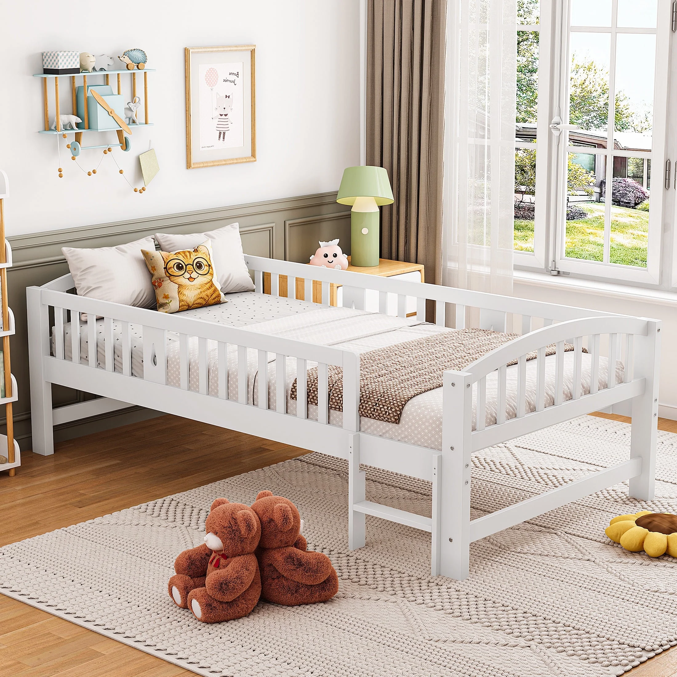 SESSLIFE Twin Size Platform Bed, Solid Wood Twin Bed Frame with Slats, Fence Guardrail Ladder, Twin Floor Bed with Strong Legs for Boys Girls, No Box Spring Needed, Holds 400 lbs, White