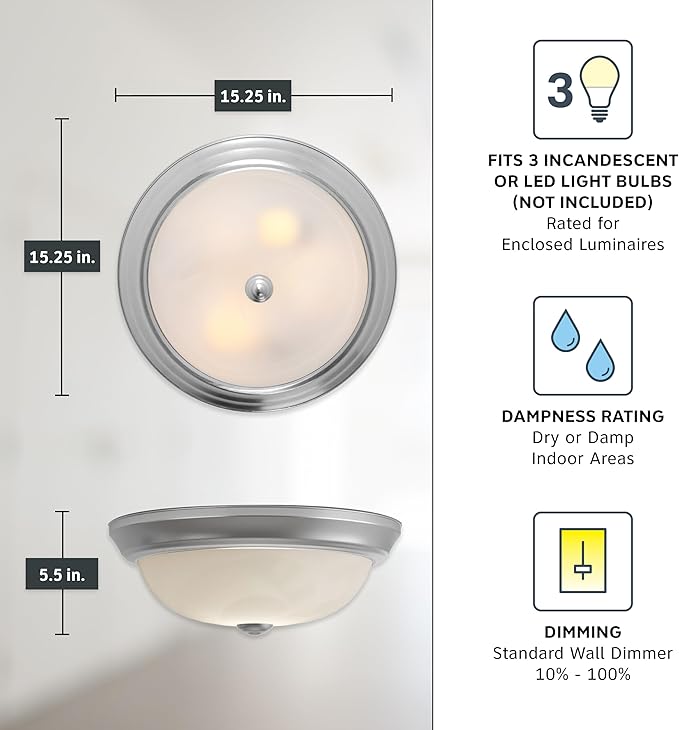 15 in 3-Light Flush Mount Ceiling Light, Pewter with Alabaster Glass Shade