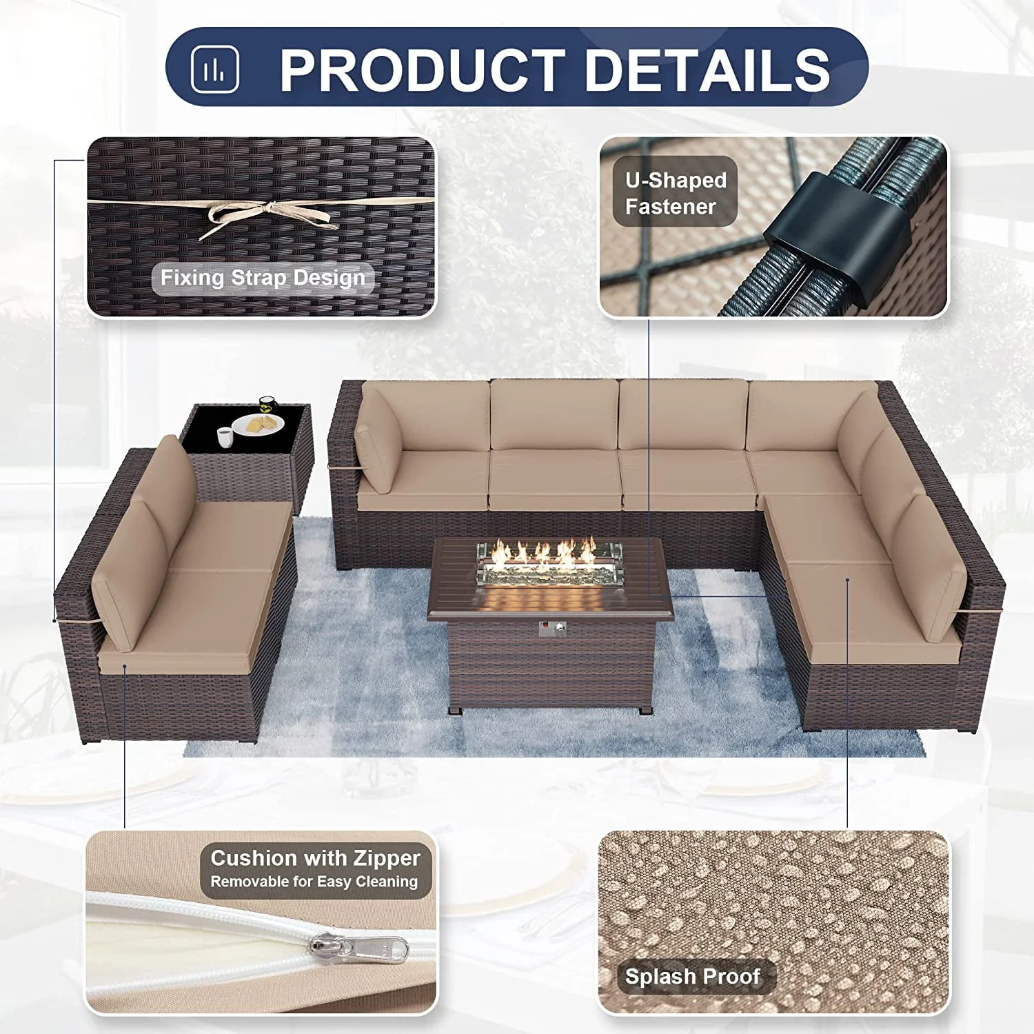 Kullavik Patio Furniture set Sectional Sofa 10 Pieces PE Rattan Wicker Patio Conversation Set w/43