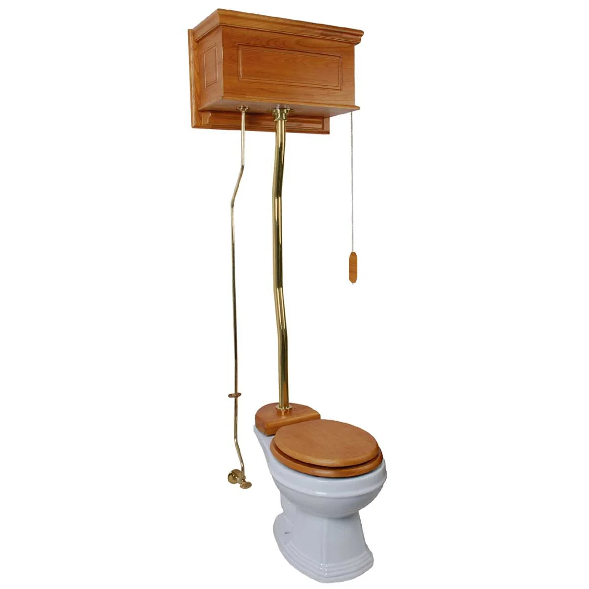 Light Oak Finish High Tank Pull Chain Toilet Wooden Raised Tank Round Top Entry White Porcelain Bowl and Brass Z Pipes Adjustable Height 59