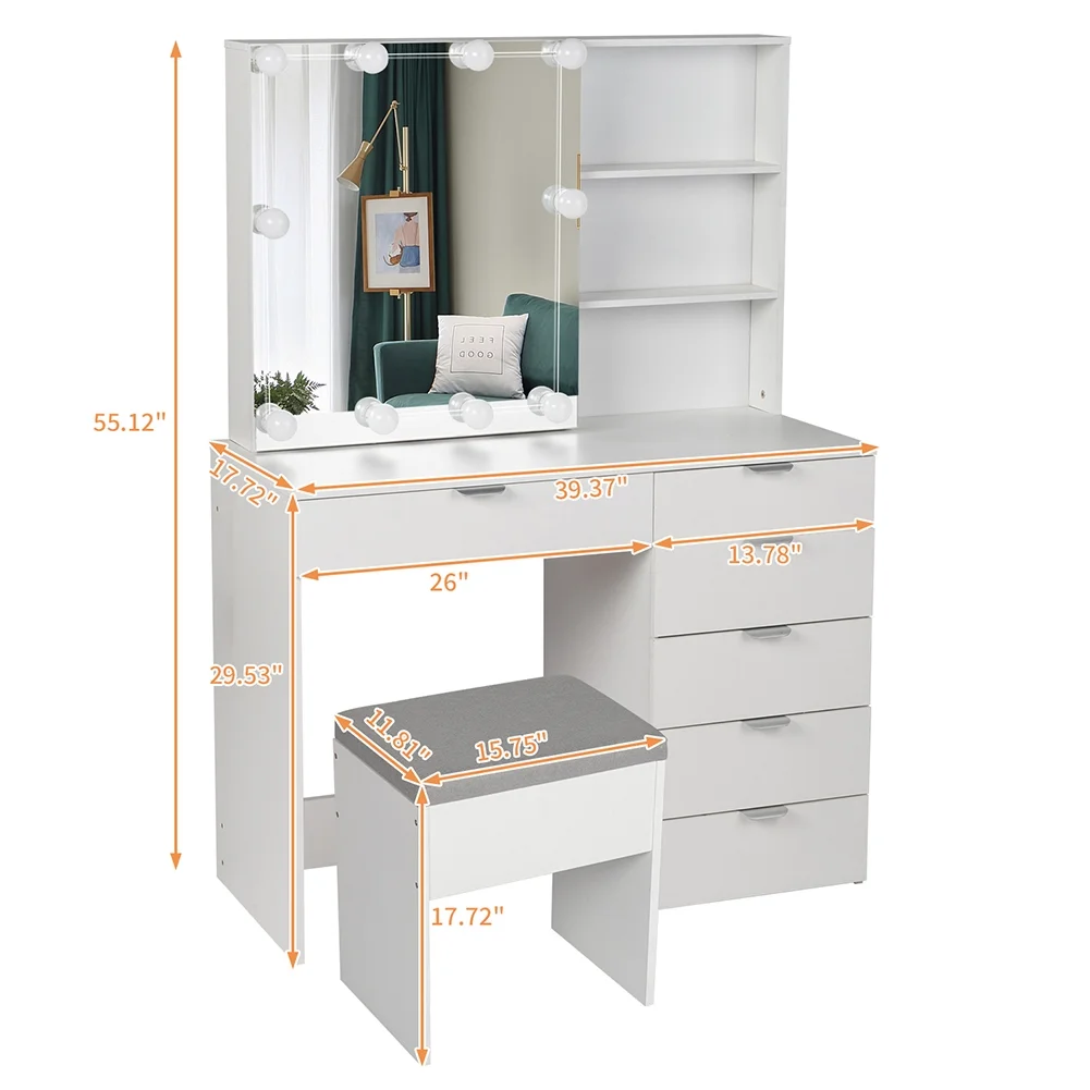 Resenkos Vanity Set with Mirror and 10LED Lights Makeup Vanity Desk Chair with 6 Drawers White