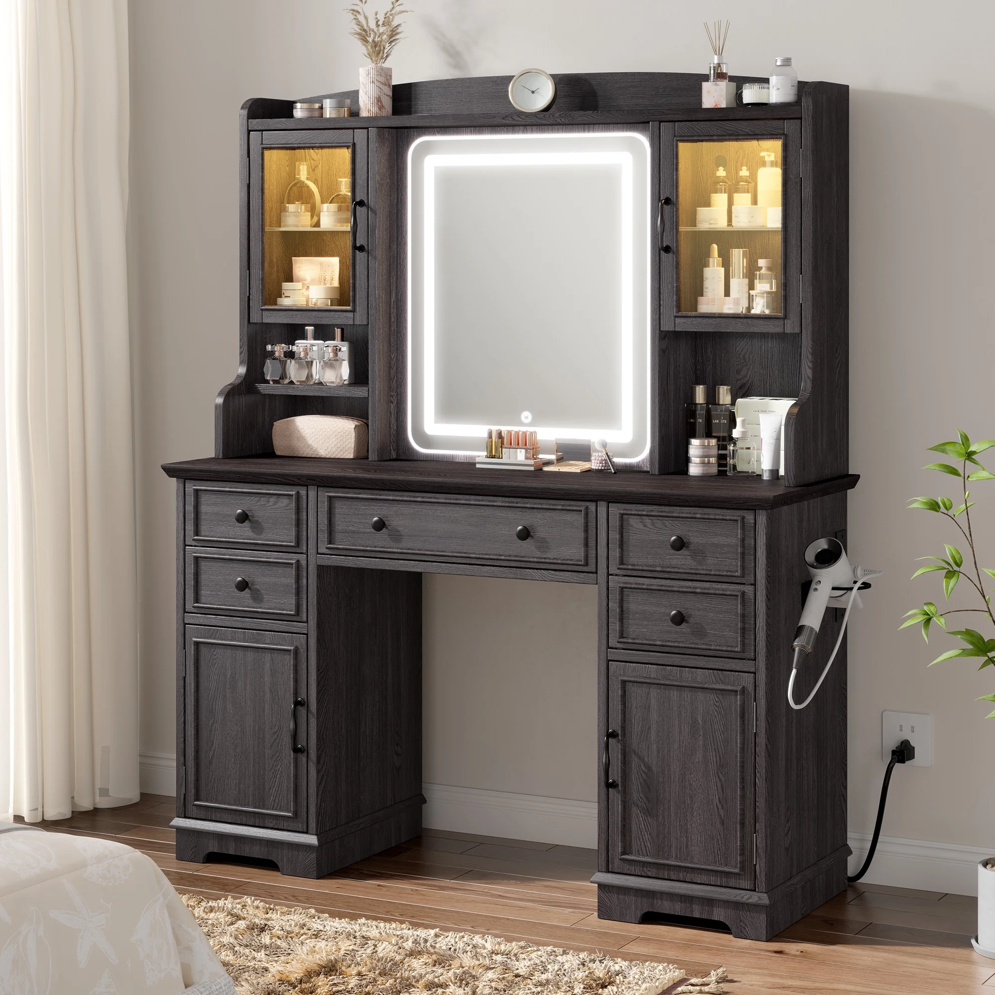 EnHomee Farmhouse Vanity Desk with Mirror and Lights White Vanity with Lighted Mirror Makeup Vanity Set with RGB Cabinets and Storage Drawers