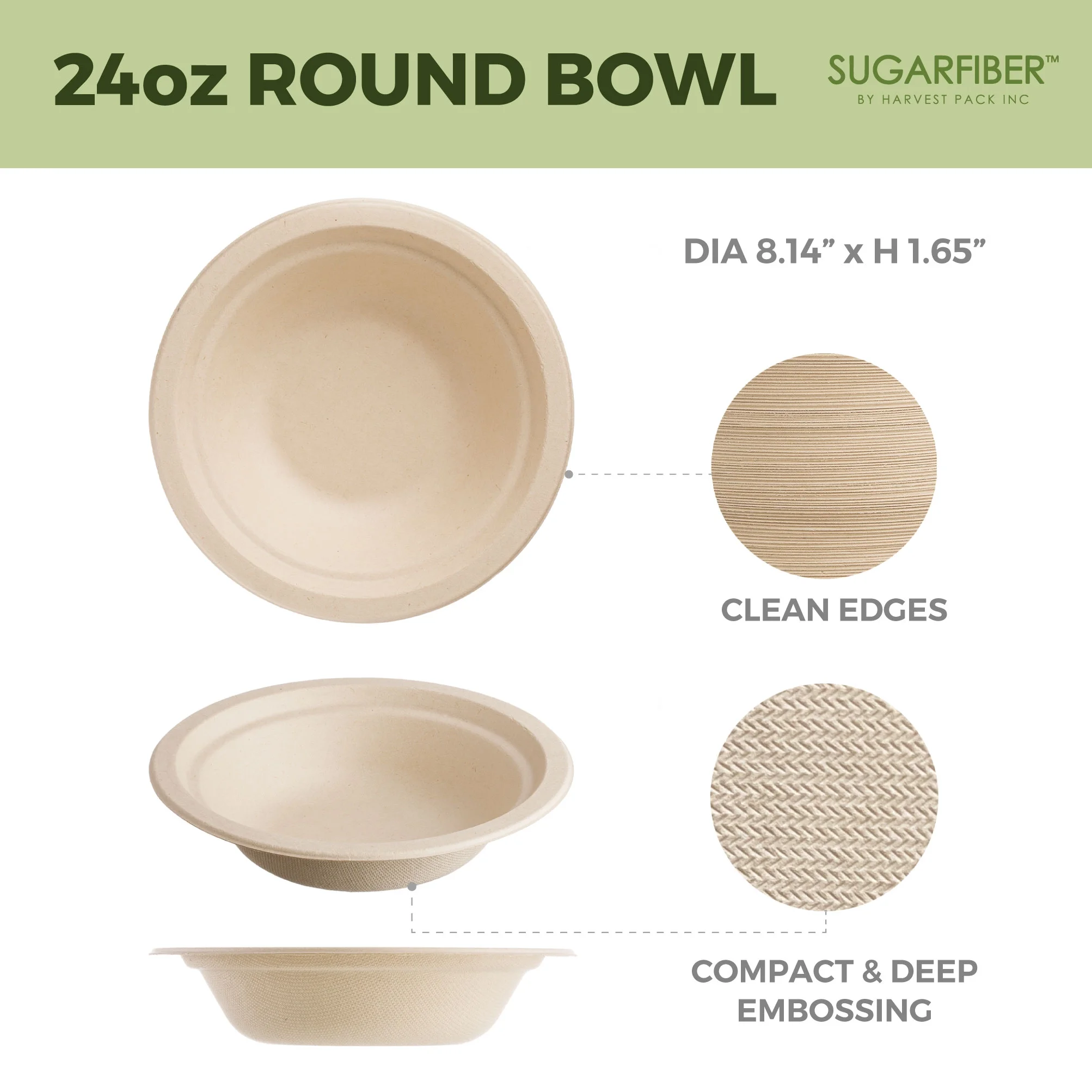 Sugarfiber Disposable 32 oz Compostable Heavy-Duty Round Paper Bagasse Bowls 500 Count