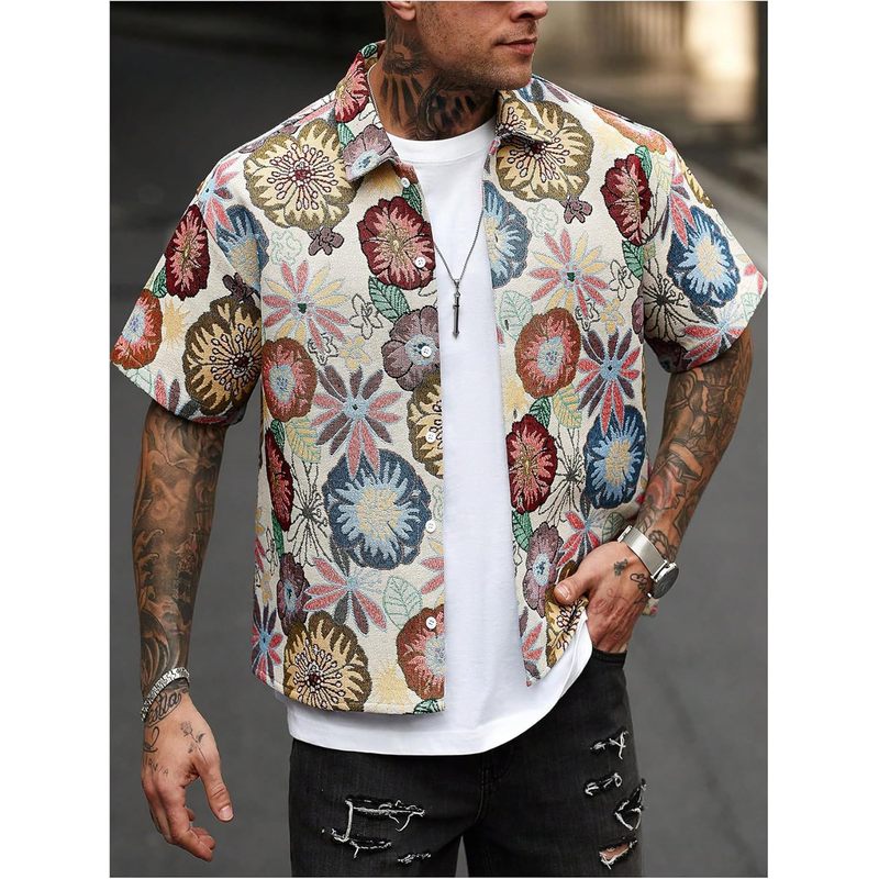 Men's Floral Button Down Shirt Casual Vintage