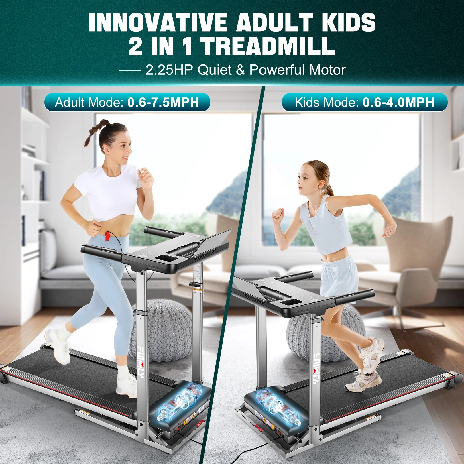 Ancheer Folding Treadmill with Incline, Treadmill with Adjustable Height Desk & Removable iPad Holder,Speed Range 0.6-7.5 mph,300 LBS Weight Capacity