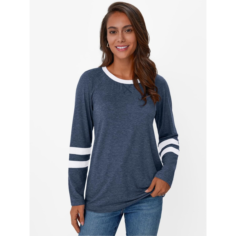 Women's Color Block Long Sleeve Shirts Crewneck