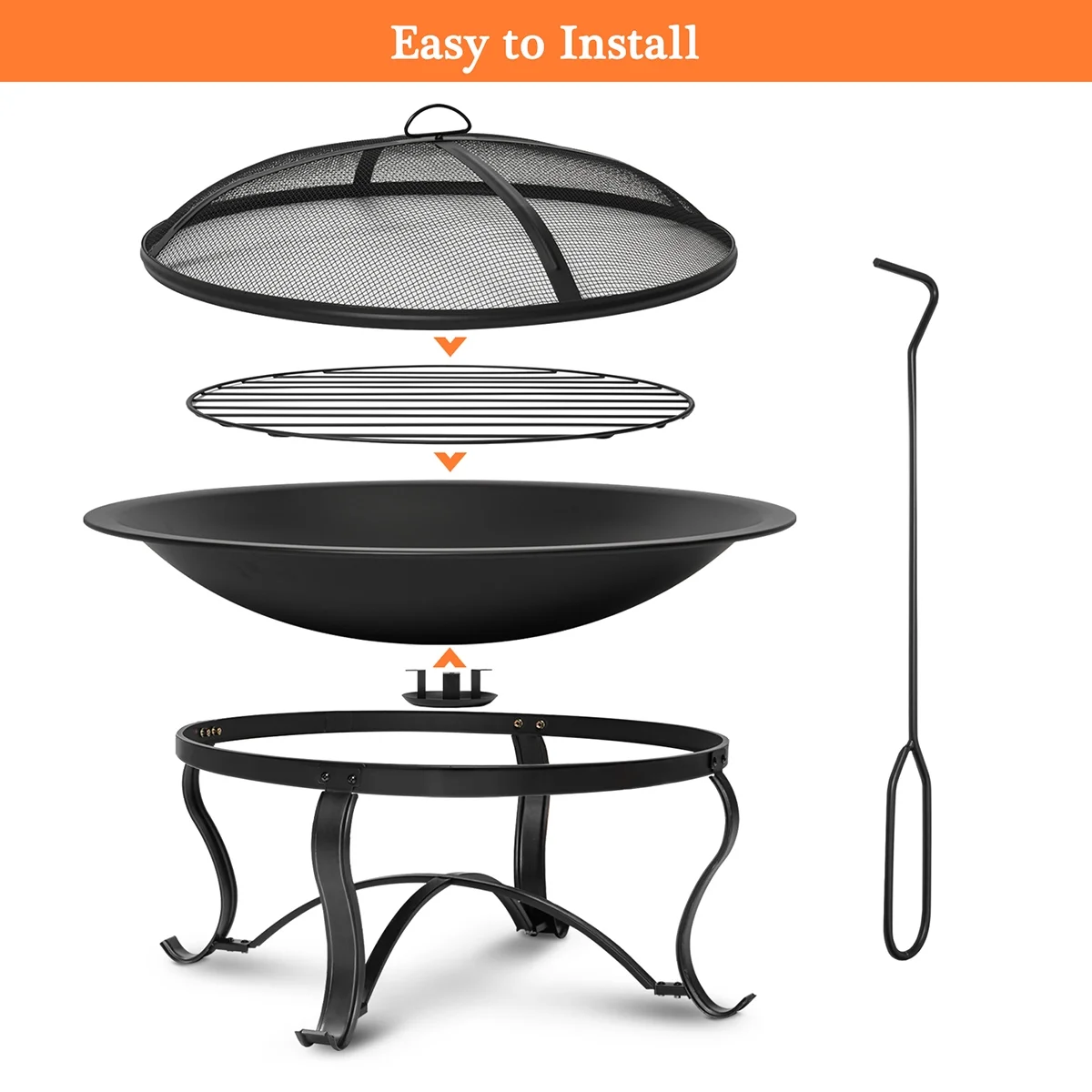 SinglyFire 30 inch Fire Pits for Outside Firepit Outdoor Wood Burning Bonfire Pit Steel Firepit Bowl for Patio Backyard Camping, with Ash Plate, Spark Screen, Log Grate, Poker