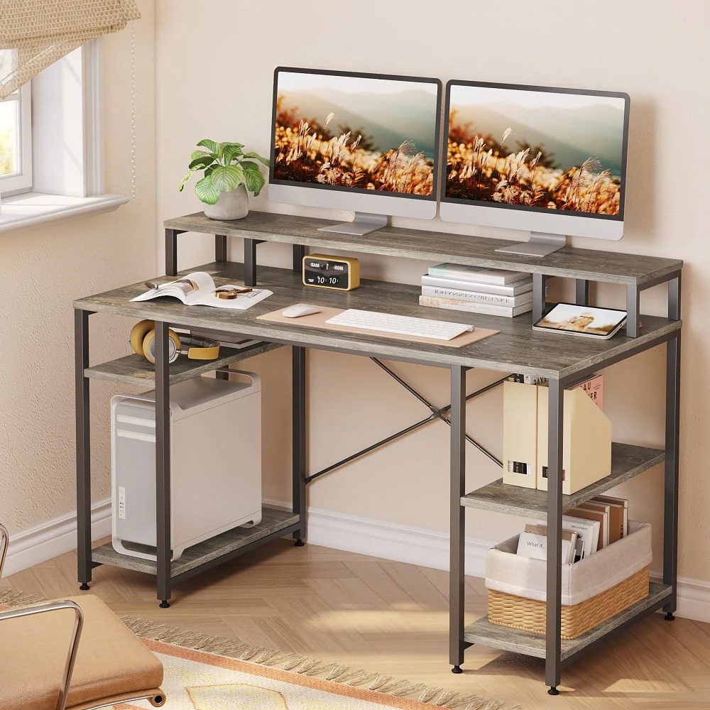 Bestier 55 inch Computer Desk with Monitor Shelf Home Office Desk Grey