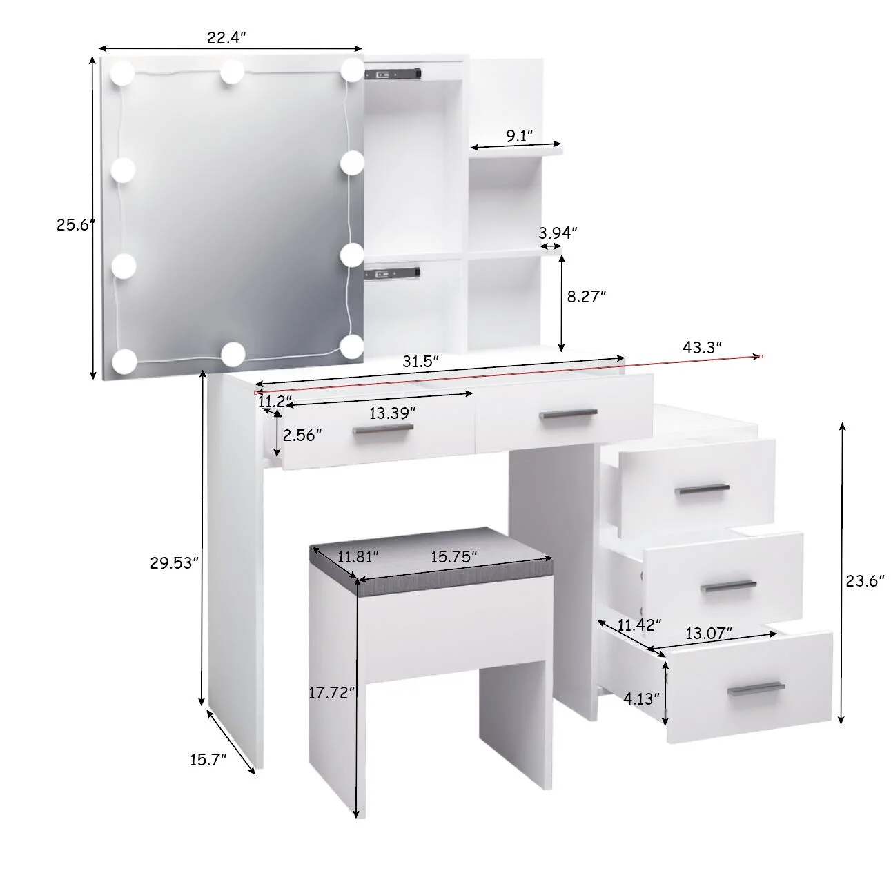 Resenkos Vanity Desk Set with Mirror and Lights for Makeup, 5 Drawers Storage Dresser for Bedroom, White