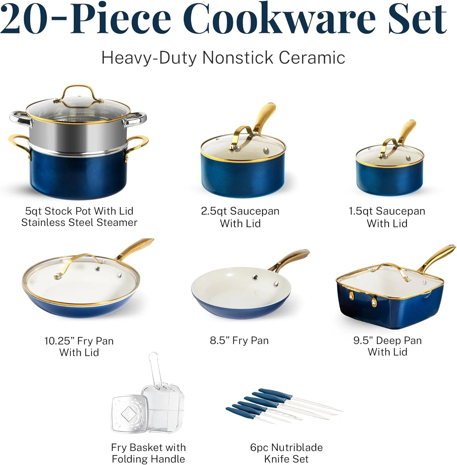 Gotham Steel 20 Pc Ceramic Pots and Pans Set Non Stick, Kitchen Cookware Sets with Knife Set, Pot and Pan Set, Ceramic Cookware Set, Non Stick Pots and Pan Set, Oven and Dishwasher Safe