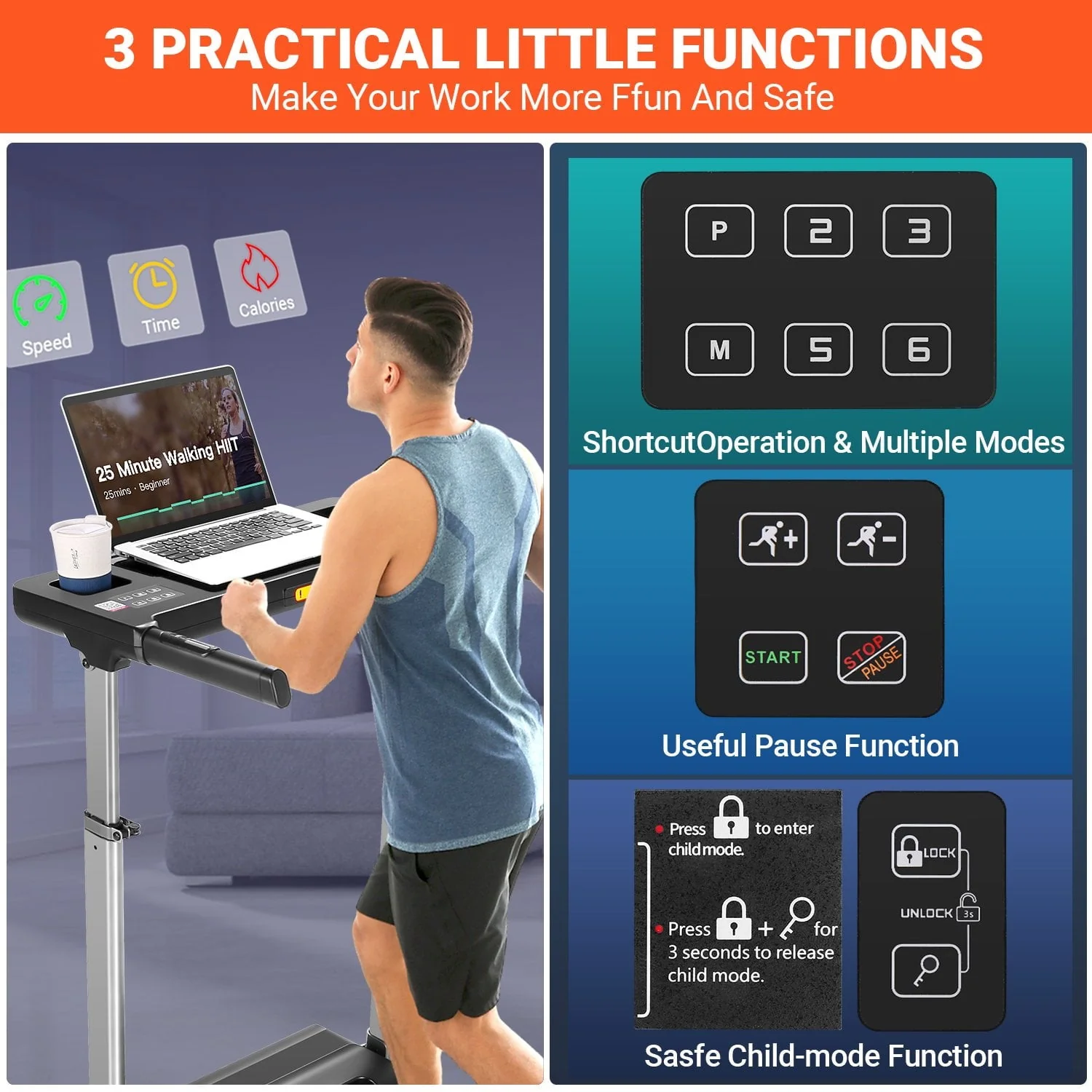 Adnoom 2.5HP Treadmill with Adjustable Desk, 300LBS Folding Incline Treadmill with Incline, Portable Running Walking Machine with Bluetooth Music & APP for Home Office, Easy Assembly