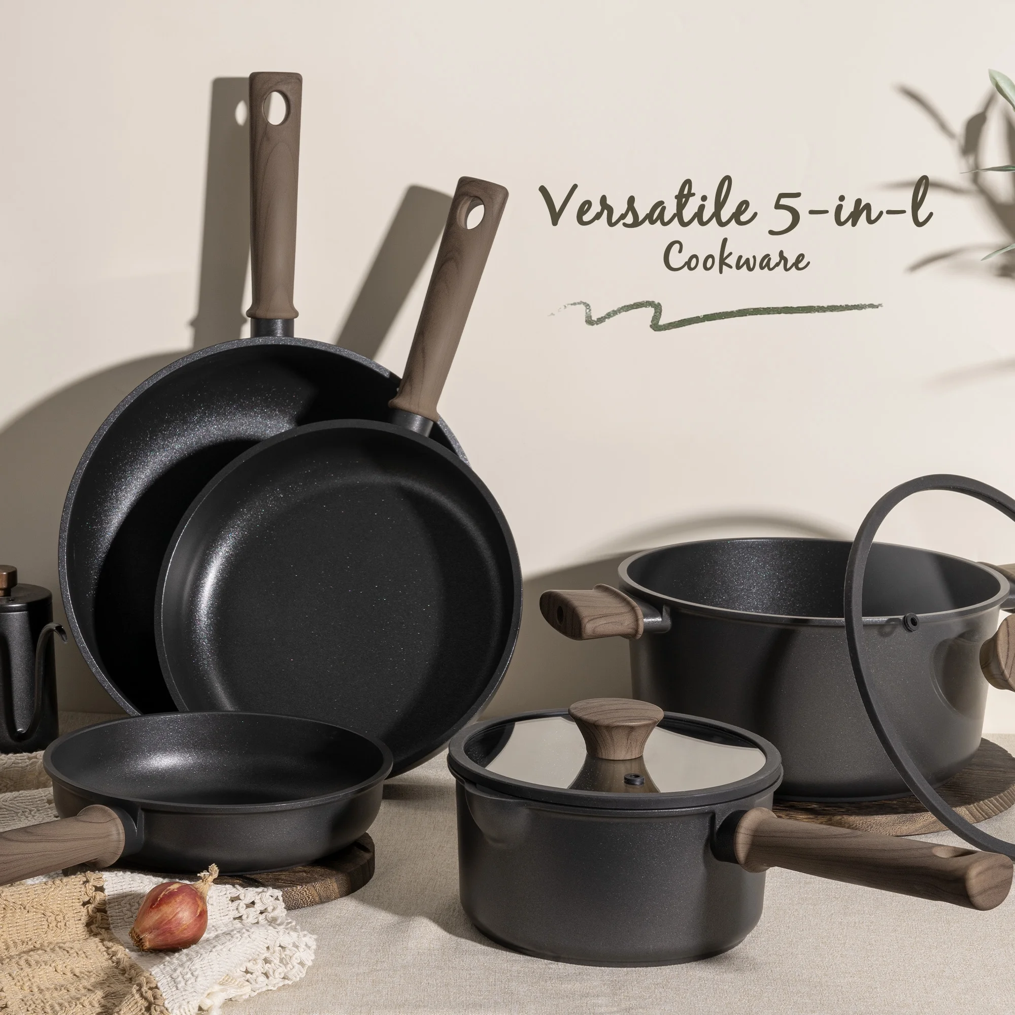 Astercook 18-Piece Pots and Pans Set, Nonstick Cookware Set with Elegant Wooden Handle, Oven Safe to 480��F, Induction Compatible, Kitchen Cooking Set for RV Trips, Camping and Picnic, Black