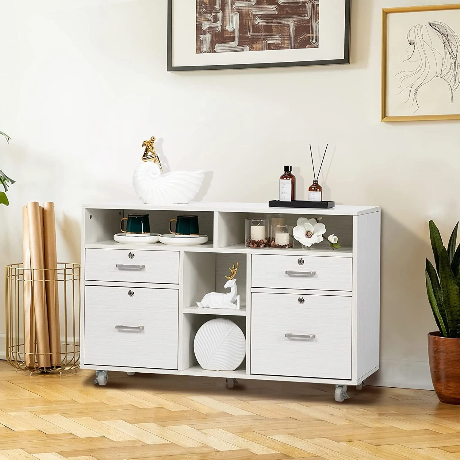 VINGLI Rolling 4-Drawer File Cabinet with Lock and Shelves, Wood Lateral Filling Printer Stand for Home Office, Cream White