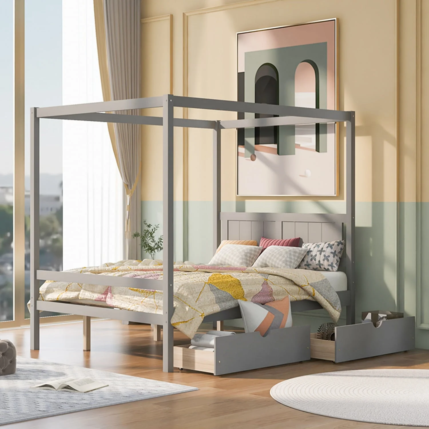 Canopy Bed Frame with Two Drawers, Full Size Canopy Platform Bed with Headboard, Four-Poster Canopy Bed Frame with Slat Support Legs, Modern Sturdy Mattress Foundation, No Box Spring Needed, Gray