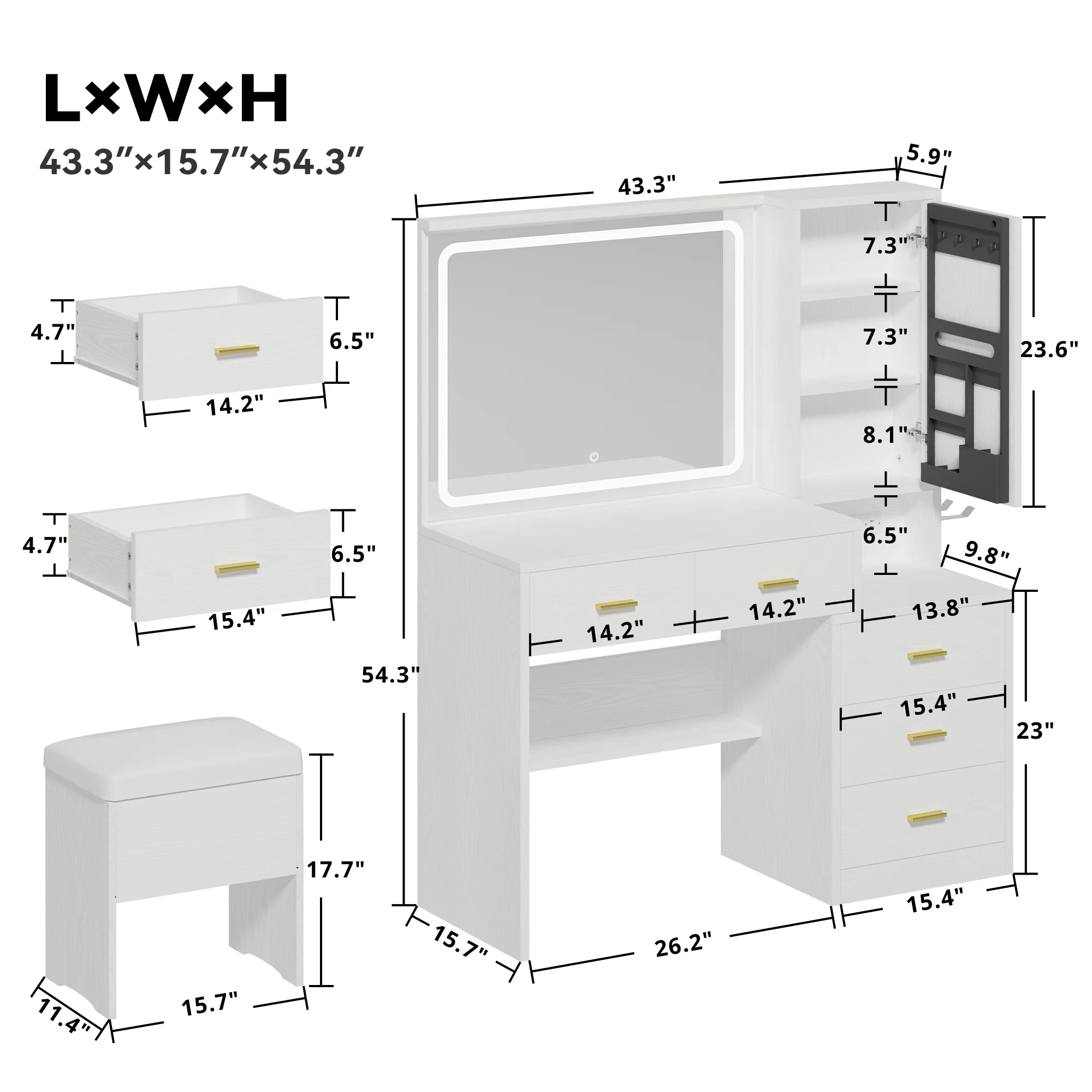 IRONCK Makeup Table Vanity Desk Set with Lighted Mirror, Charging Station, Storage Cabinet and 5 Drawers