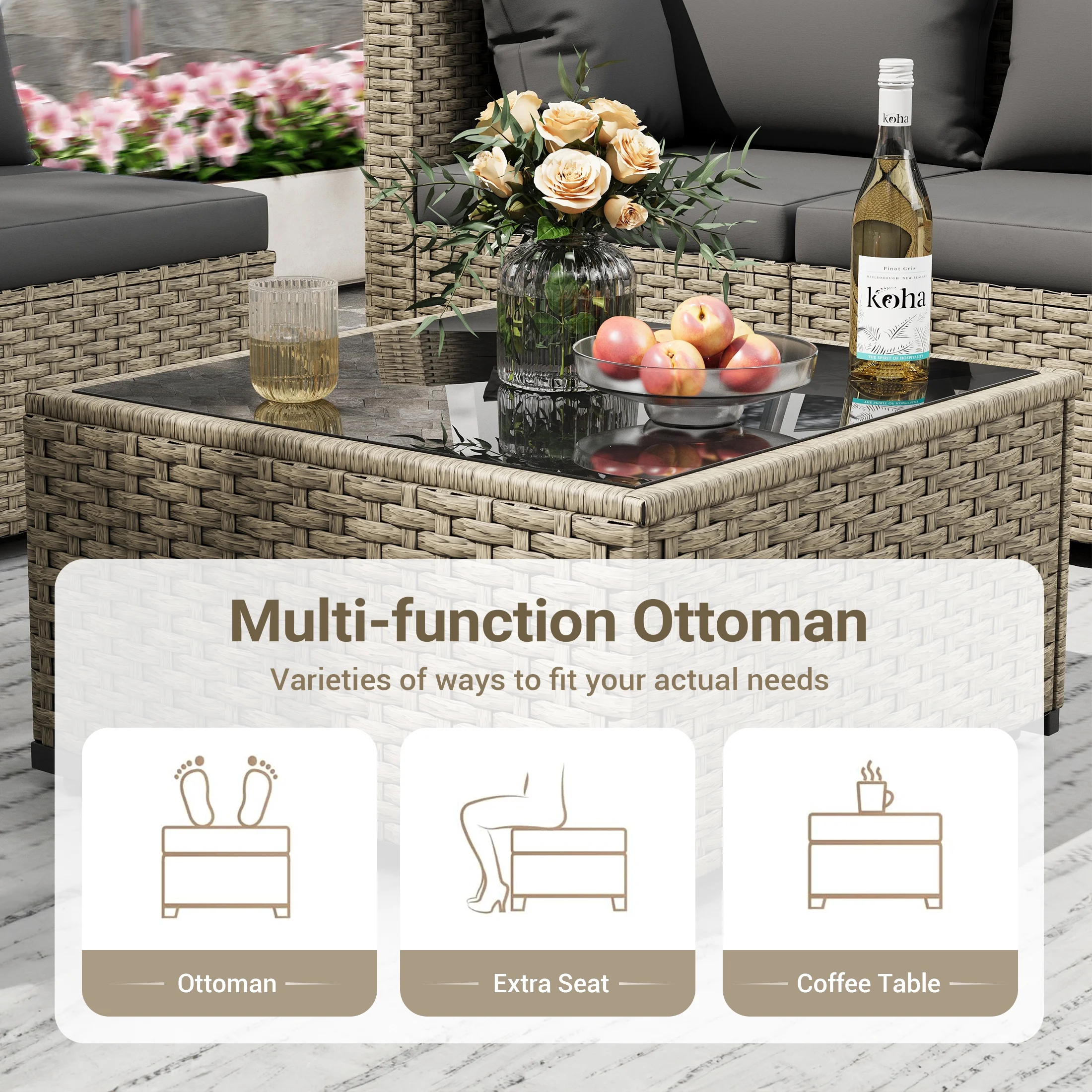 POTEBAN 7 Pieces Outdoor Patio Furniture Set, Grey Rattan Wicker Outdoor Conversation Sectional Sofa Set with Cushions for Backyard, Green