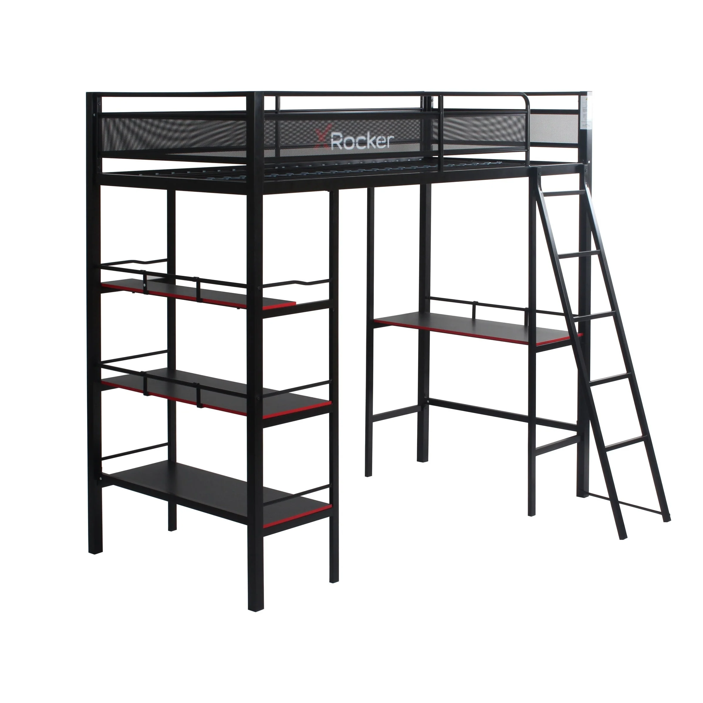 X Rocker Fortress Gaming Bunk with Desk and Shelves, Twin, Black/Red, Loft Bed, Children, Teen