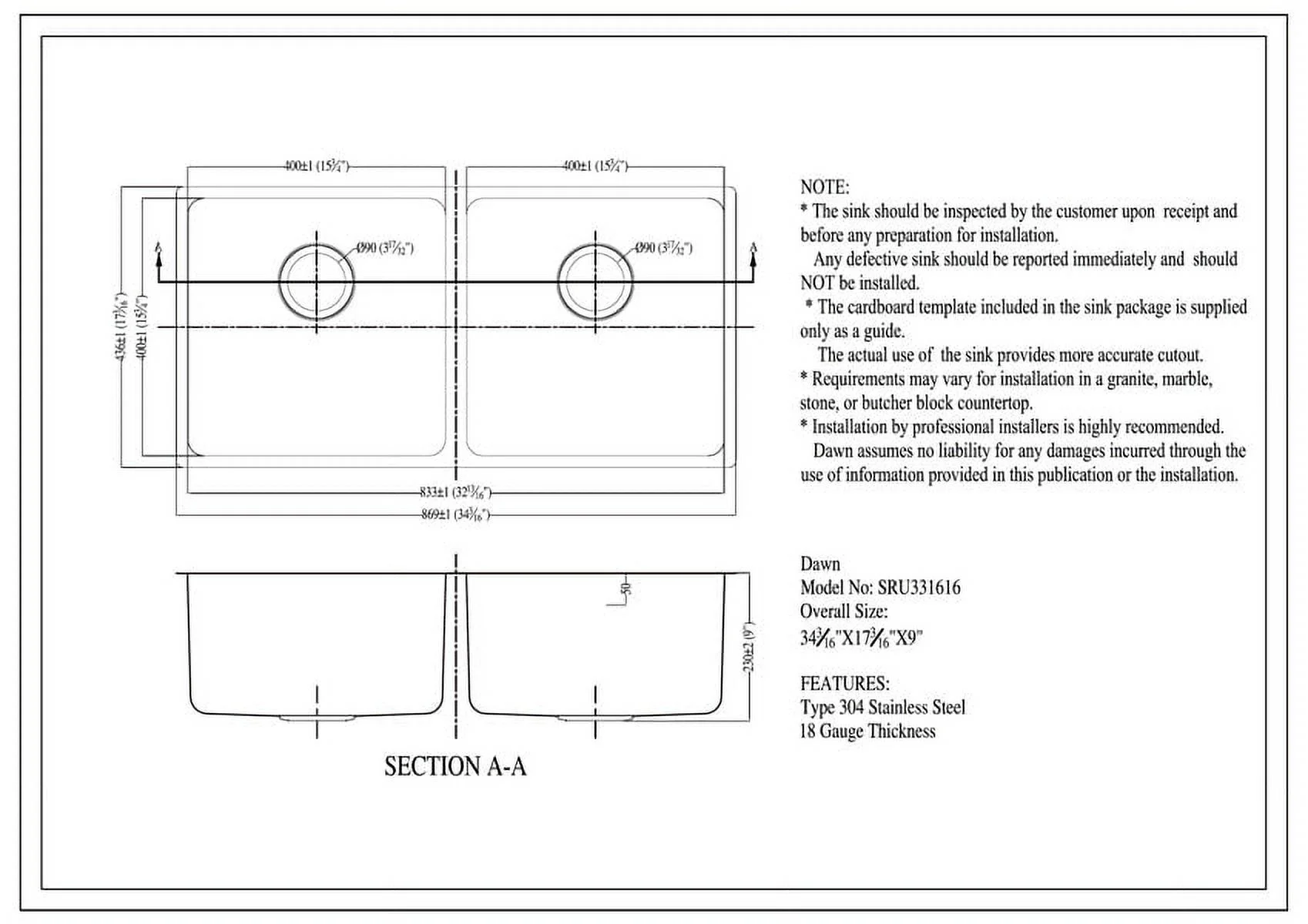 Dawn? Undermount Small Corner Radius Equal Double Bowl Sink