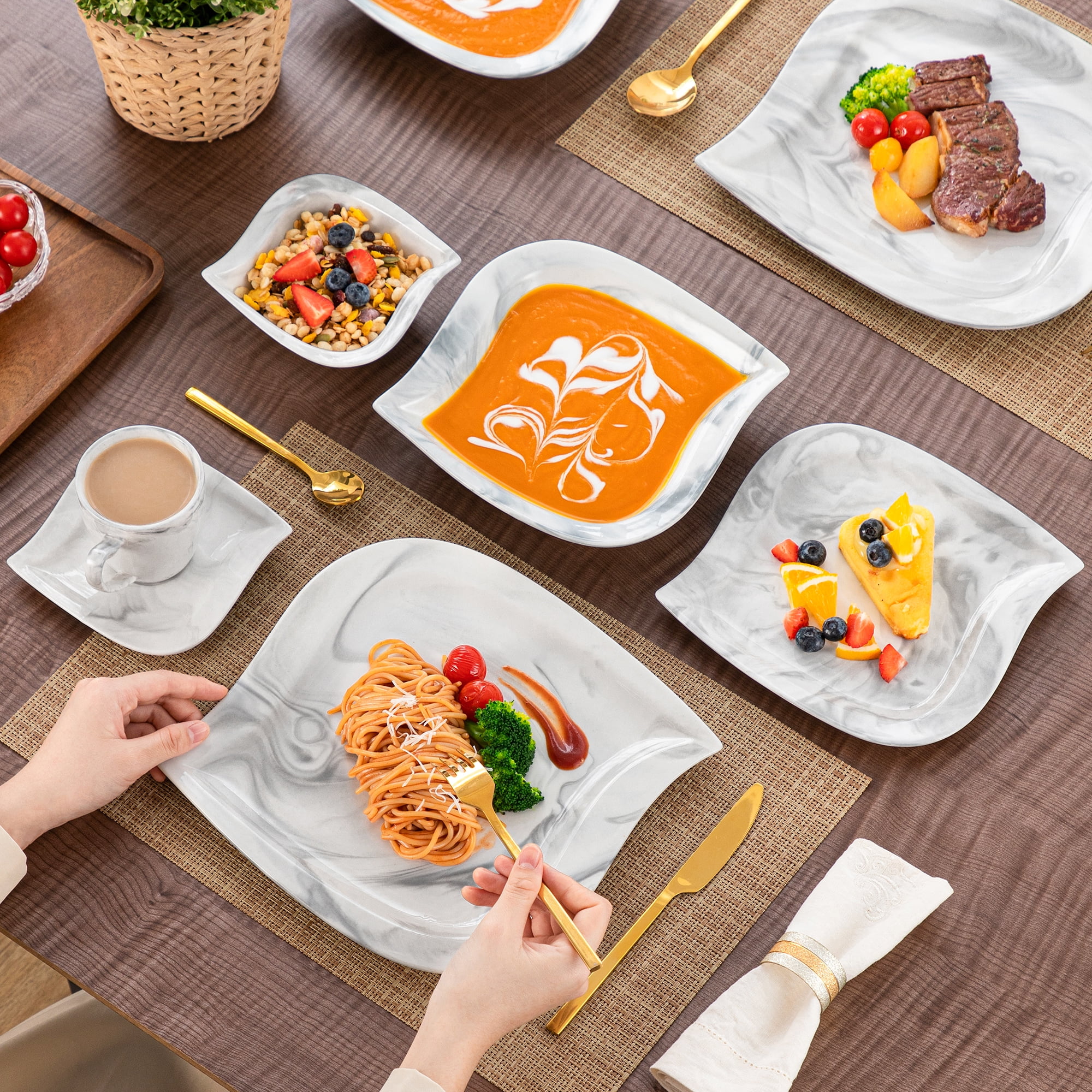 vancasso 36 pcs Dinnerware Sets, Plates and Bowls Set for 6, Porcelain Dinner Set, Marble Gray