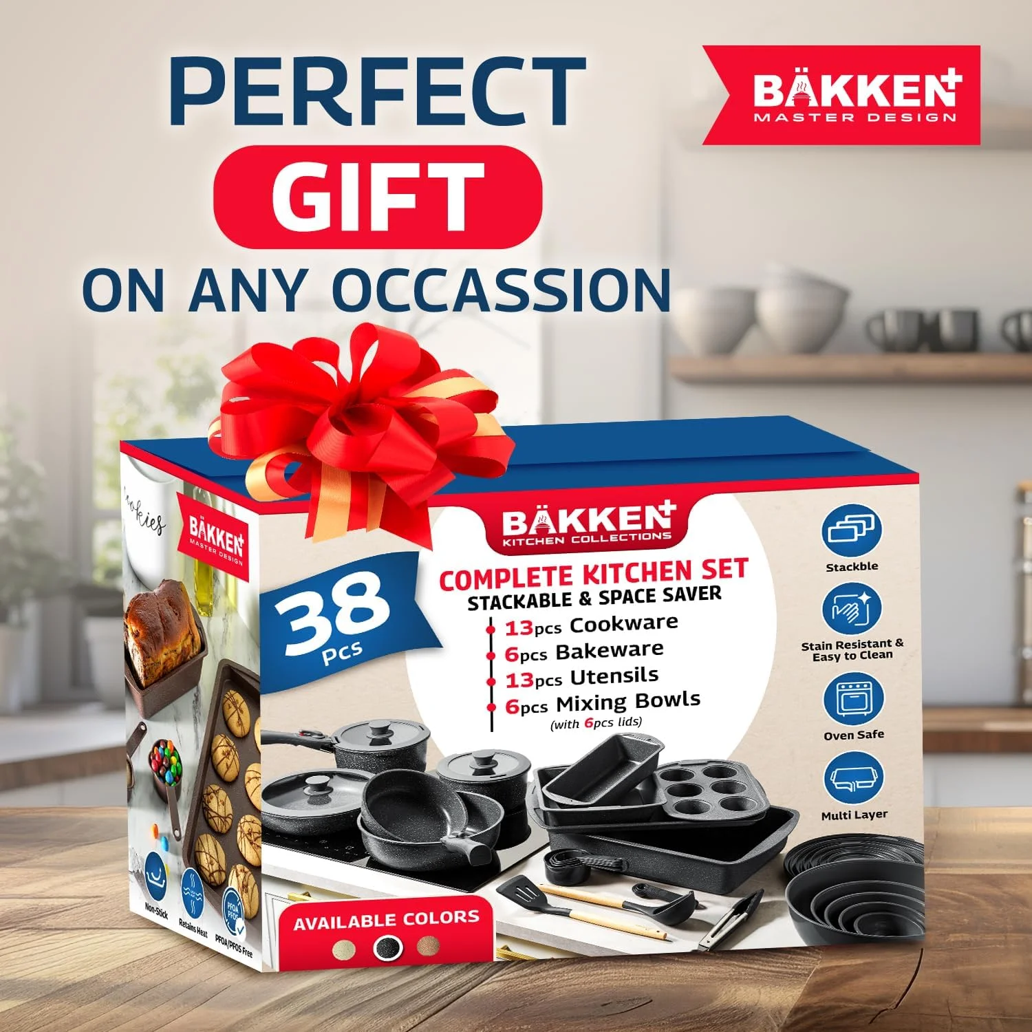 Bakken Master 38 Piece Granite Cookware and Bakeware Set �C Nonstick Granite Coating, Pots and Pans with Detachable Handles and Tempered Glass Lids, 6-piece Bakeware set, 12-piece Mixing Bowls,Brown
