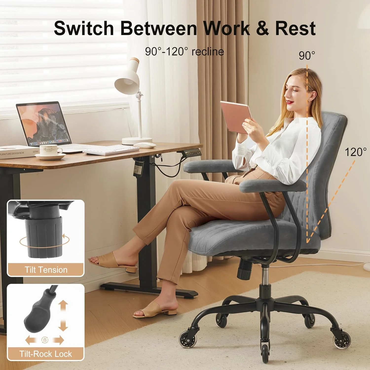 QW Home Office Desk Chair Office Rubber Casters Ergonomic Computer Chair with Lumbar Support Adjustable Height Rolling Swivel Executive Task Armrests Chair??? Brown Leather