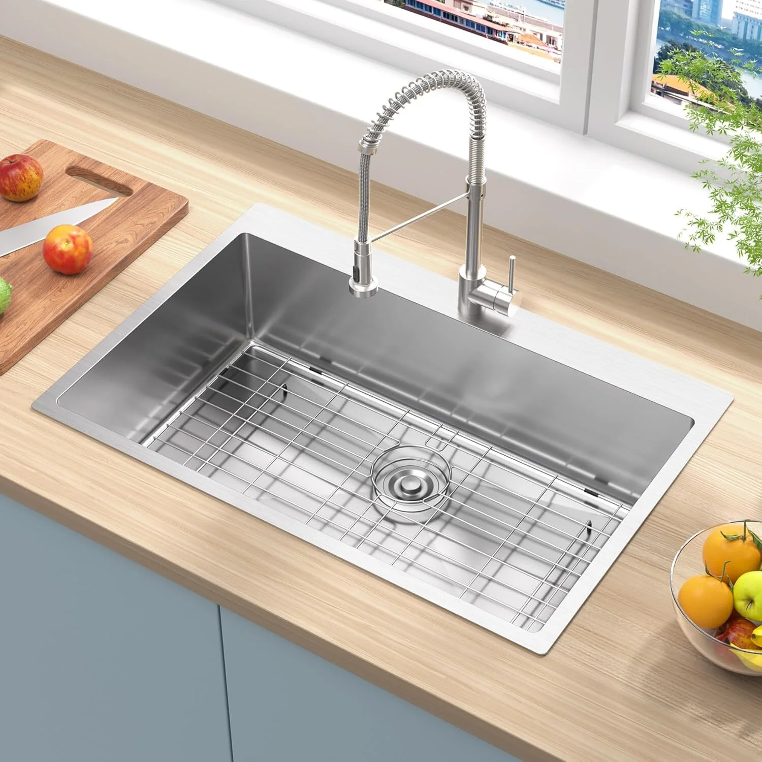 33 x 22 Inch Black Stainless Steel Single Bowl Kitchen Sink, Drop-In Topmount, 18 Gauge, with Bottom Grid and Drain Strainer Set