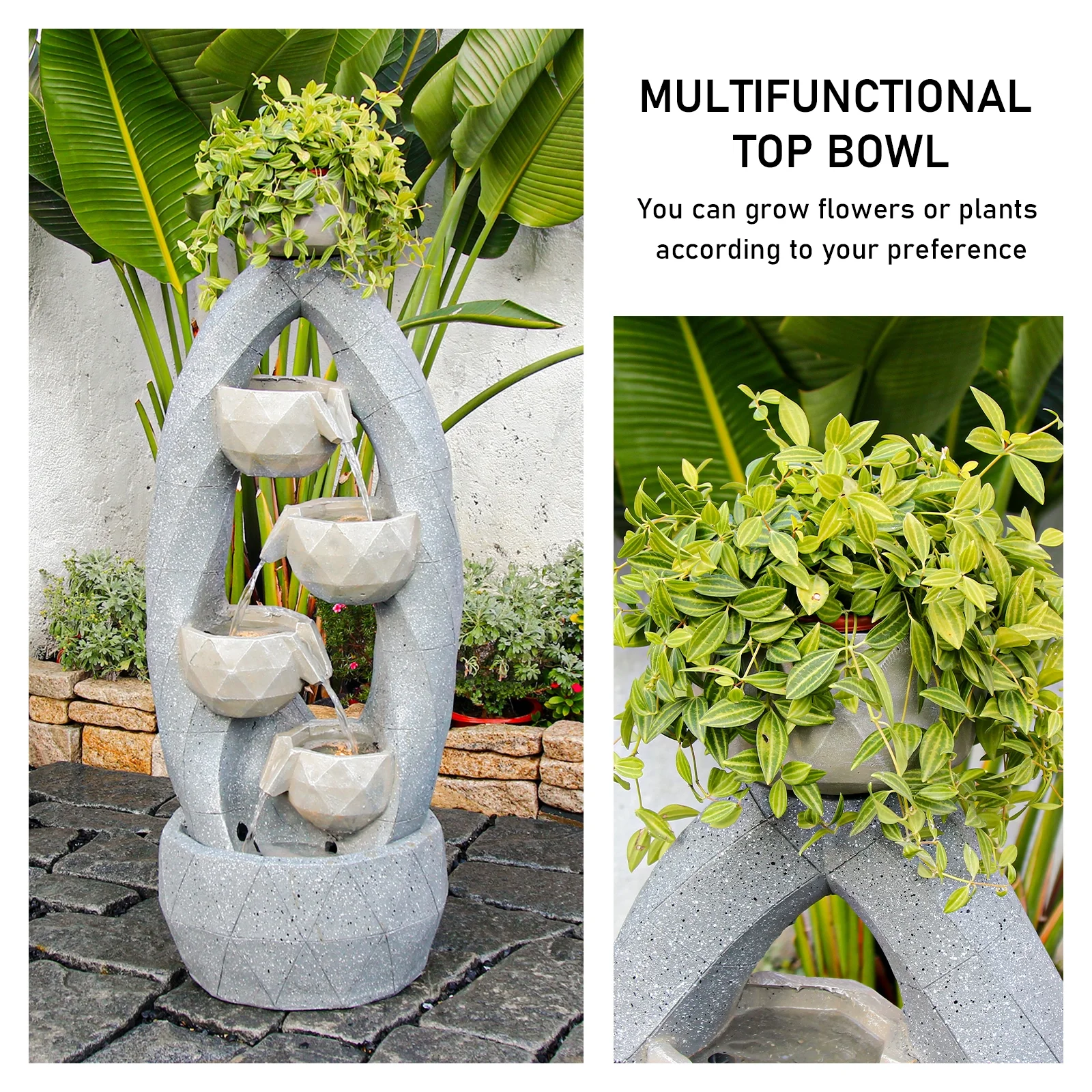 4-Tiered Water Fountain Outdoor Modern Circle Design Indoor Waterfall Garden Fountains Bowl Planter Water Feature with LED Light for Patio Yard Porch and Home Art Decor 45.87''H