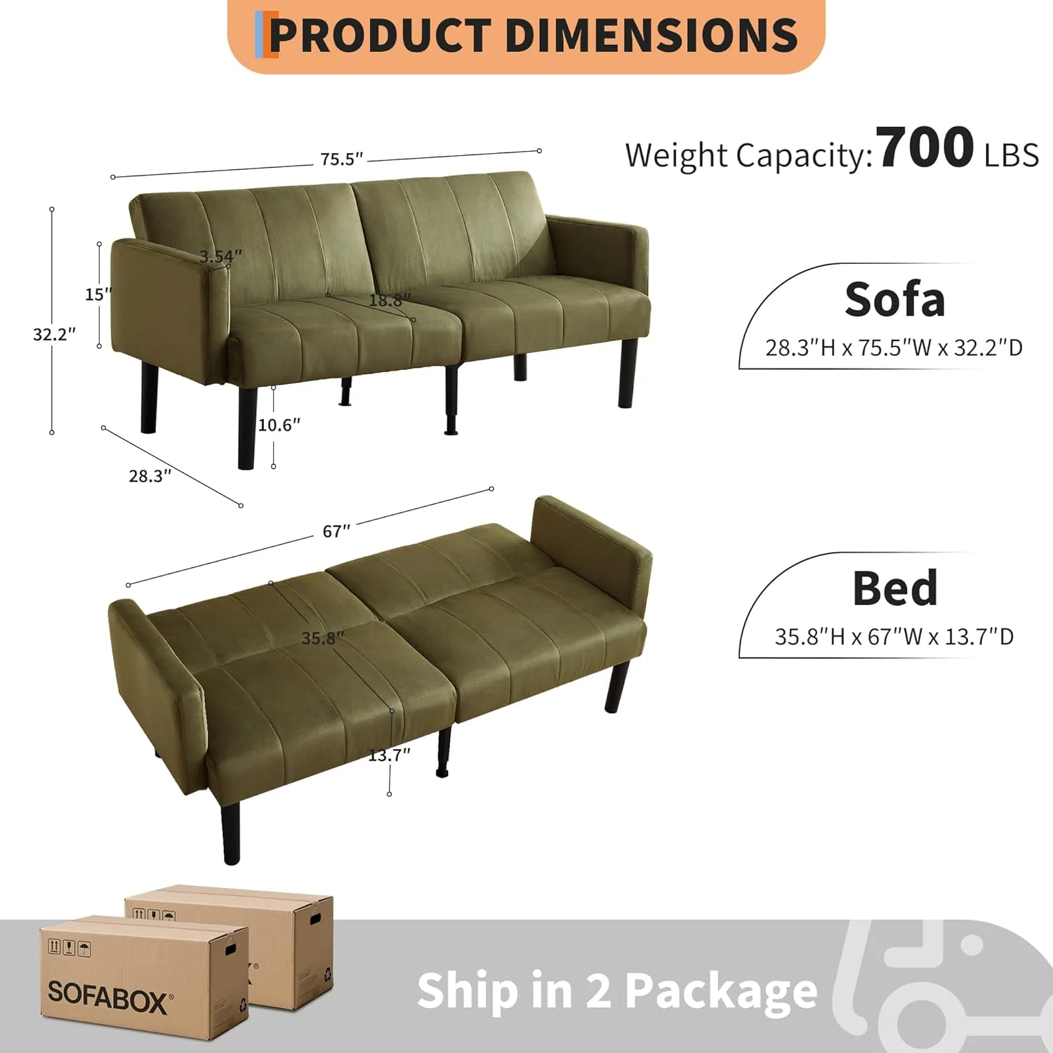 75.5�� Convertible Futon Sofa Bed, Linen Flannel Small Couch Sofa with Wood Legs & 700lbs Capacity, Adjustable Folding Loveseat, Mid Century Modern Futon Couch, Cozy Couches for Living Room - Green