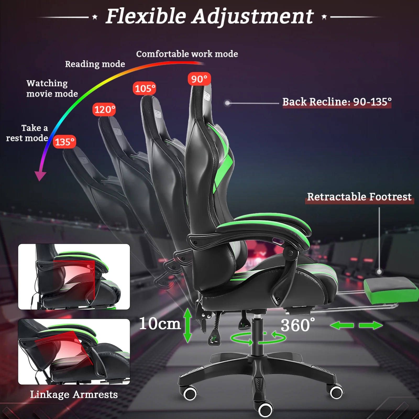 Hoffree Gaming Chair with Massage PU Leather Office Chair with Footrest and LED Light Ergonomic Gamer Chair Lumbar Support Adjustable Headrest High Back Computer Desk Chair for Home Office