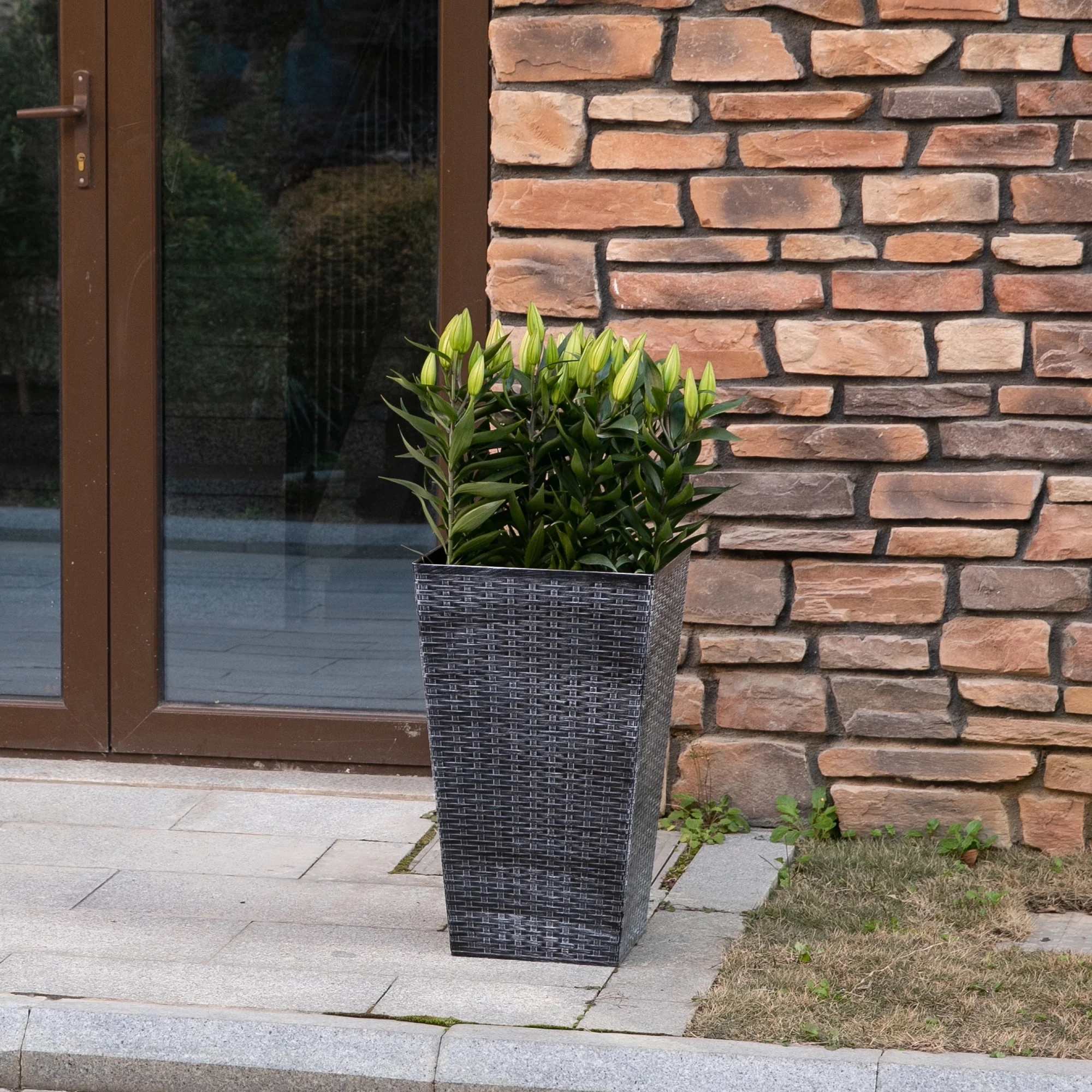 Outsunny Set of 3 Tall Planters with Drainage Hole, Outdoor Flower Plant Pots, Indoor Planters for Porch, Front Door, Entryway, Patio and Deck, Black