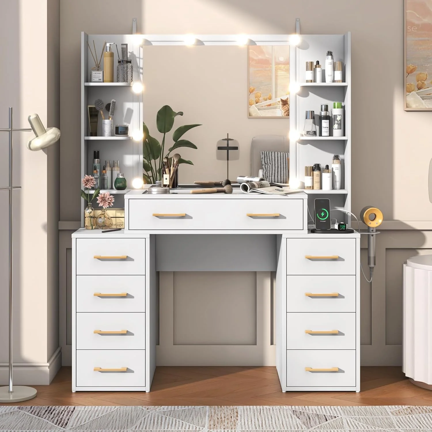 White Vanity Desk with Mirror & LED Lights, Glass Top Vanity Desk with Charging Station & Compartment Storage Drawers, 43