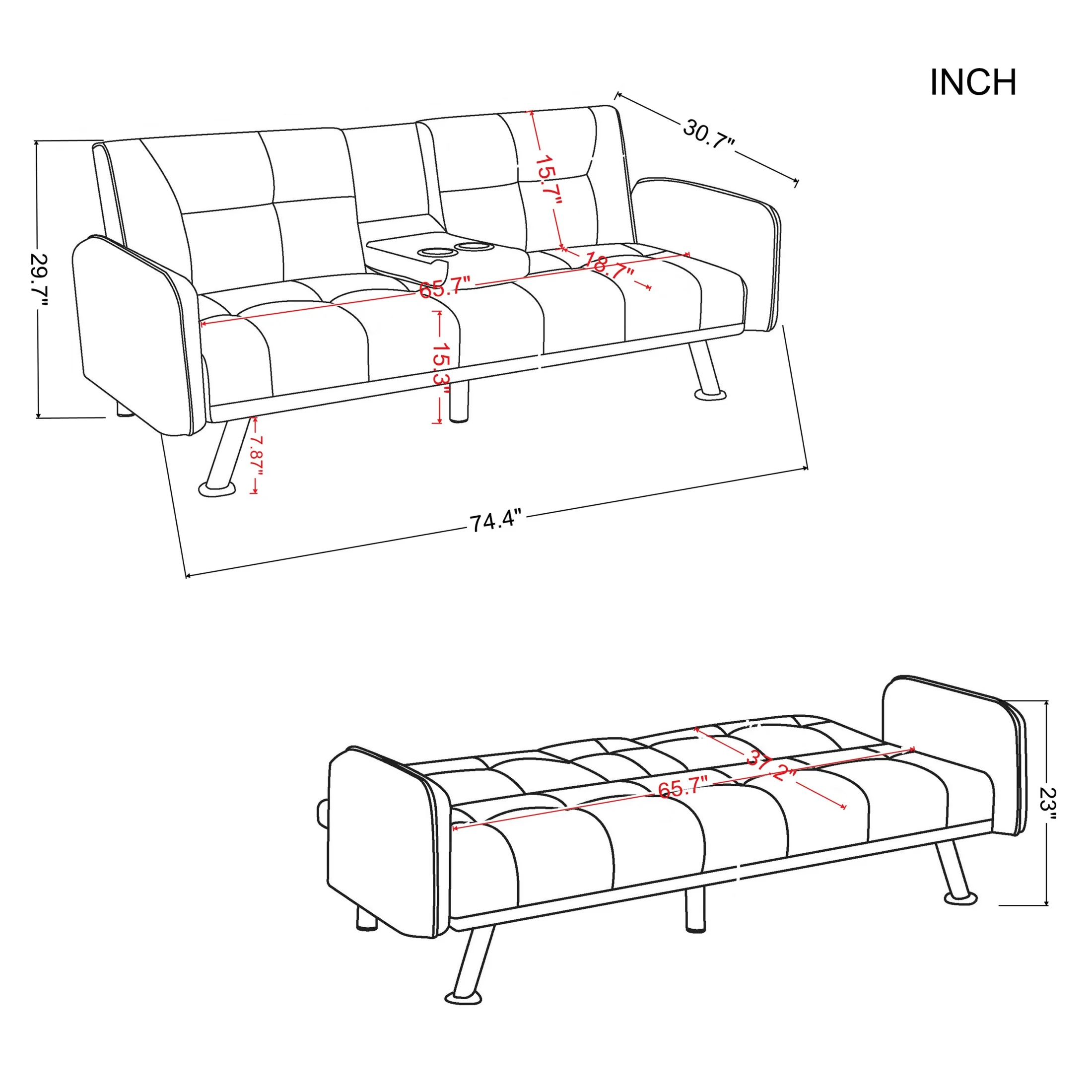 Gewnee 74.4�� Futon Sleeper Sofa Bed with 3-Angle Adjustable Backrest, Dark Grey Linen Upholstery, Twin Sleeper with Cup Holders for Home, Office, Guest Room(Red��