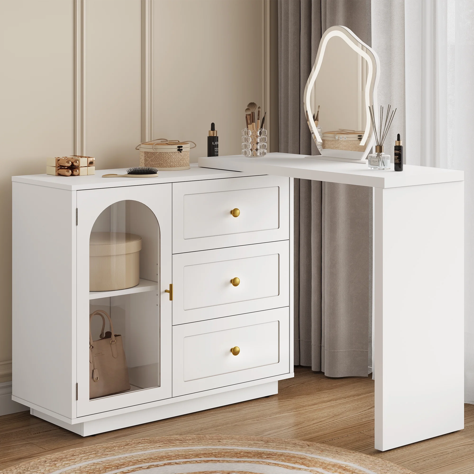 CozyHome 59�� Extendable Corner Vanity Desk with Rotatable Tabletop, Large White Makeup Vanity Table for Women Girl, 3 Drawer & 1 Door, Wood Vanity Dresser for Apartment, Dorm, Study Room, Home Office