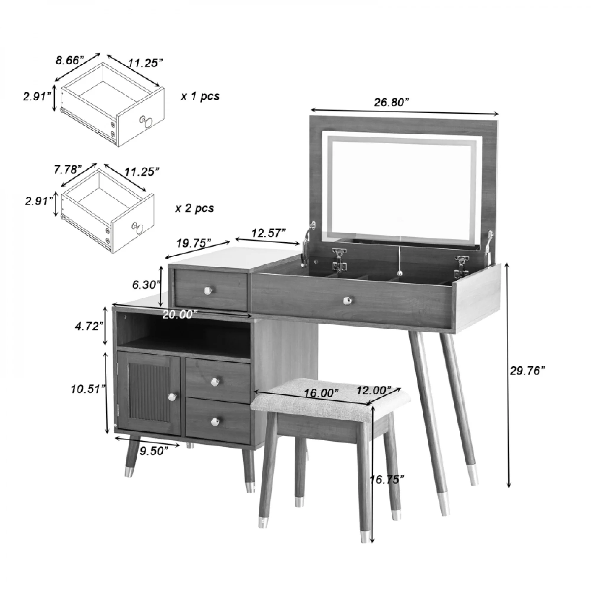 3-in-1 Vanity Desk with Lighted Flip-Top Mirror & Adjustable Cabinet, Makeup Dressing Table with Stool, Dresser with Drawers for Bedroom, White