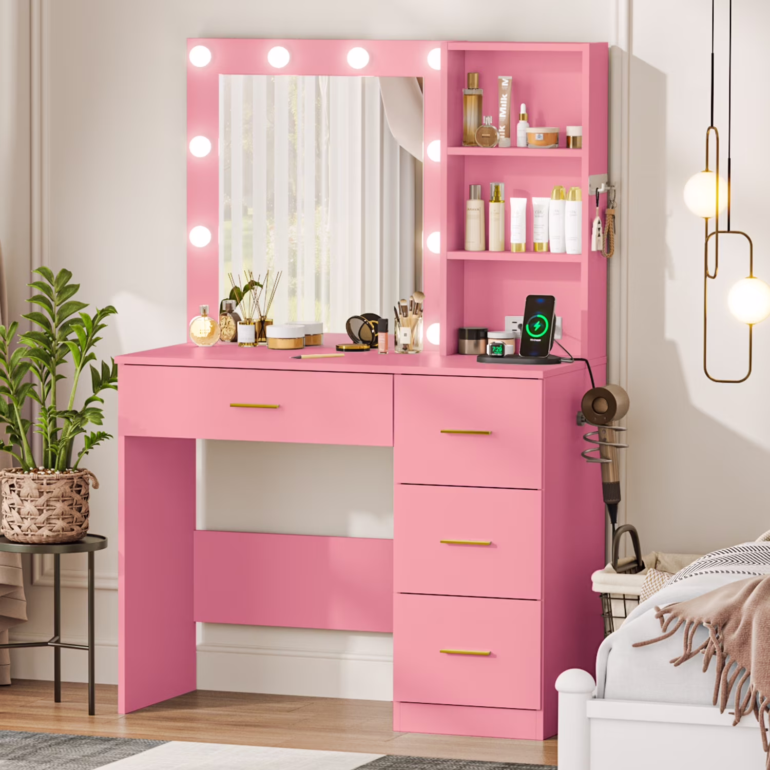 Cottinch Vanity Desk 3 Color Lighted Mirror,Makeup Dressing Table with 4 Drawers and Storage Shelves,2 Outlets,2 USB Ports,White