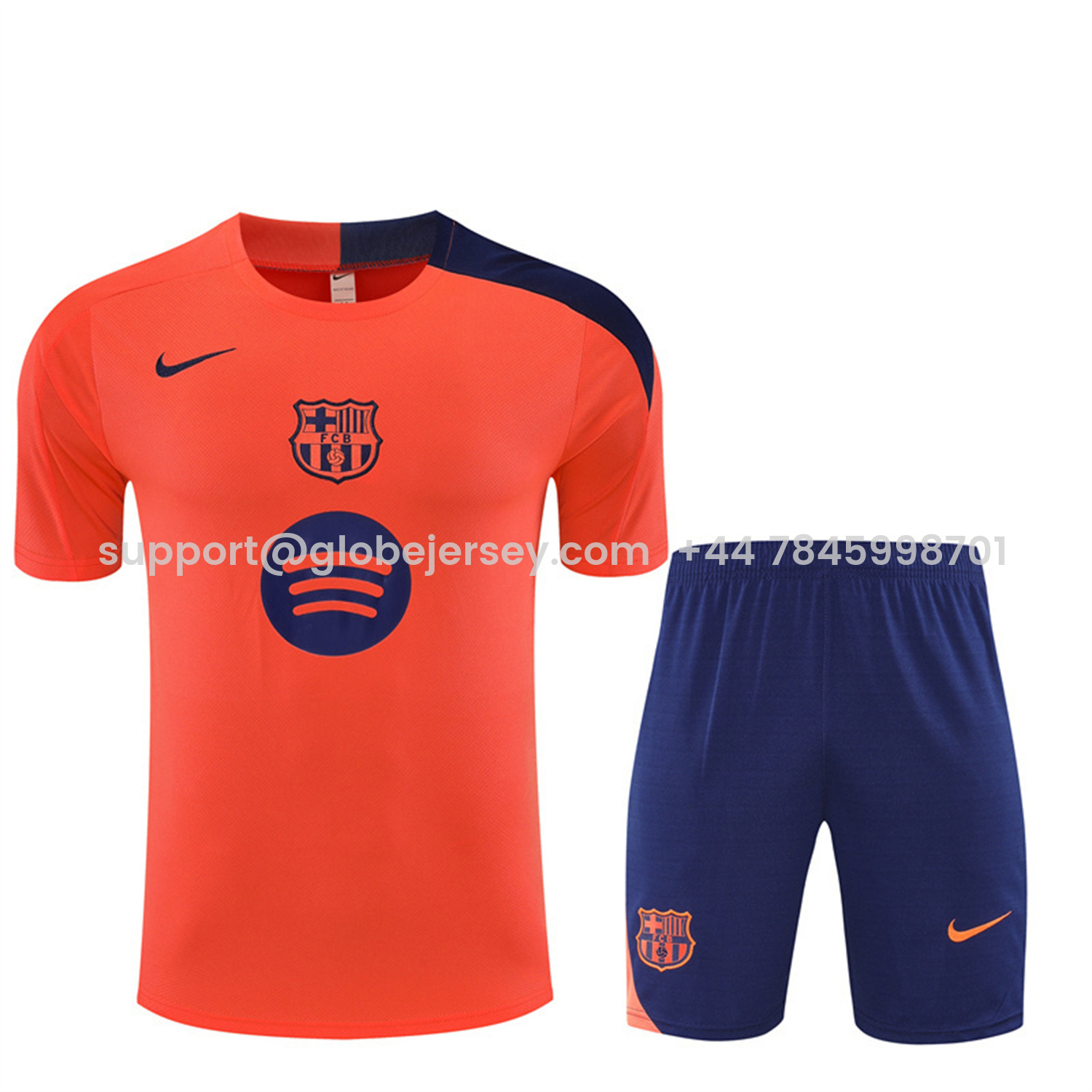 Barcelona 25-26 Short-Sleeve Training Set - Orange Top Royal Blue Sponsor& Royal Blue Shorts