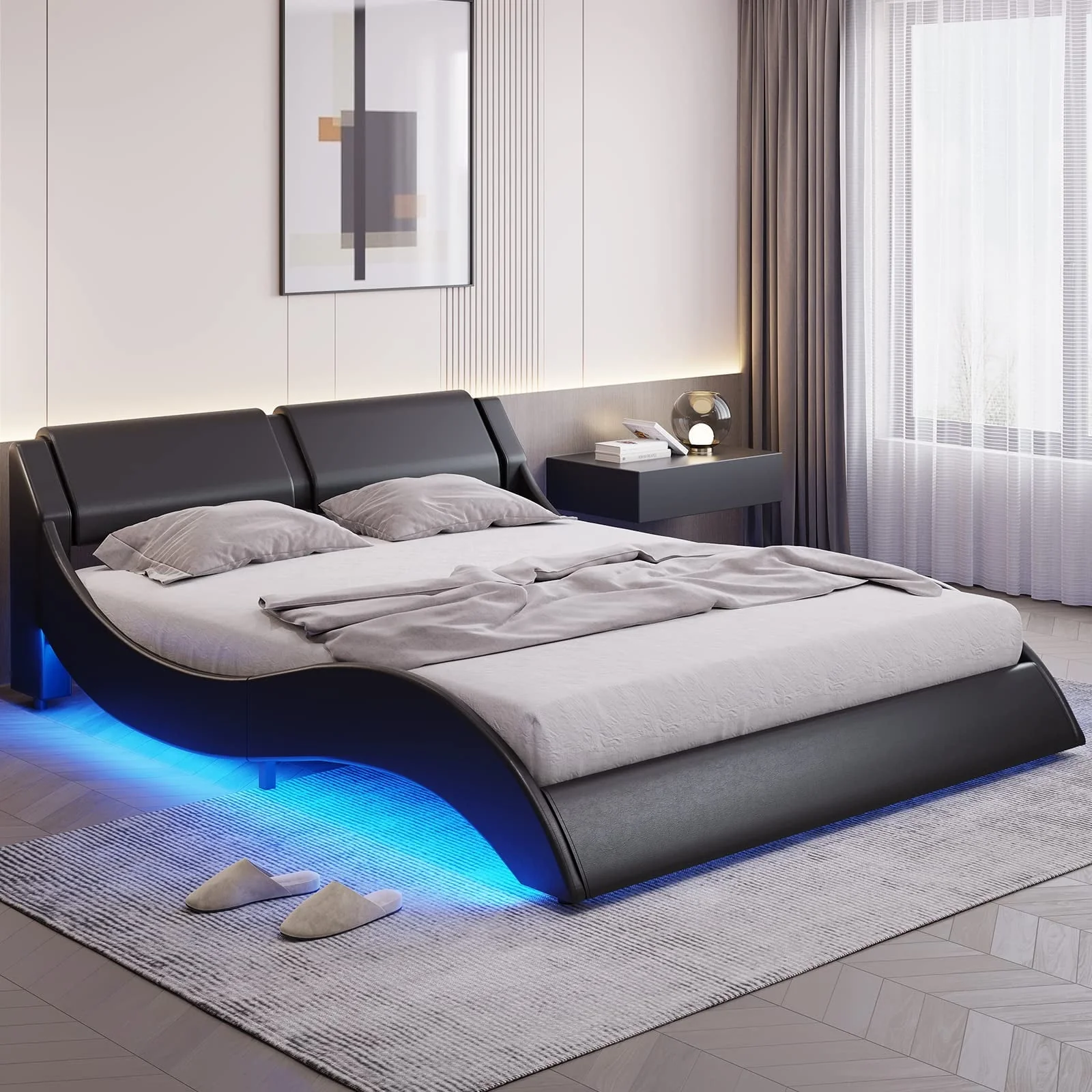 Queen Size Bed Frame with LED Lights,Modern Platform Bed Frame with Upholstered Headboard,Faux Leather Wave Like Low Profile Bed Frame,No Box Spring Needed,Black