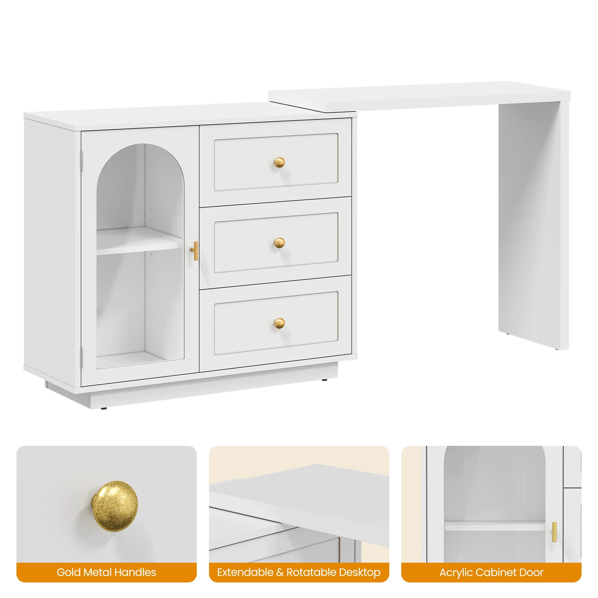 CozyHome 59�� Extendable Corner Vanity Desk with Rotatable Tabletop, Large White Makeup Vanity Table for Women Girl, 3 Drawer & 1 Door, Wood Vanity Dresser for Apartment, Dorm, Study Room, Home Office