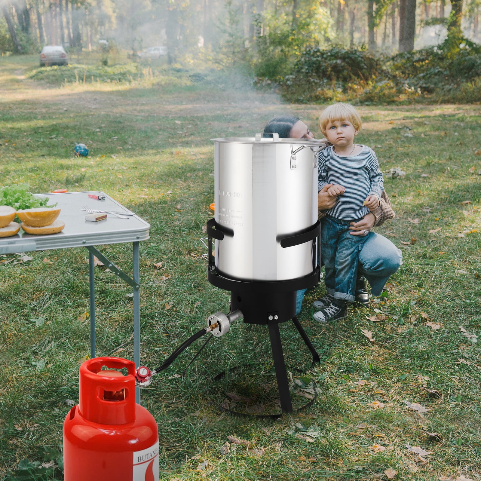 13*32 Four-Piece Set, Black Round Iron Stove Frame with Silver Aluminum 30qt Turkey Pot and 10qt Fish Pot - Gas Fryer Combo for Outdoor Cooking