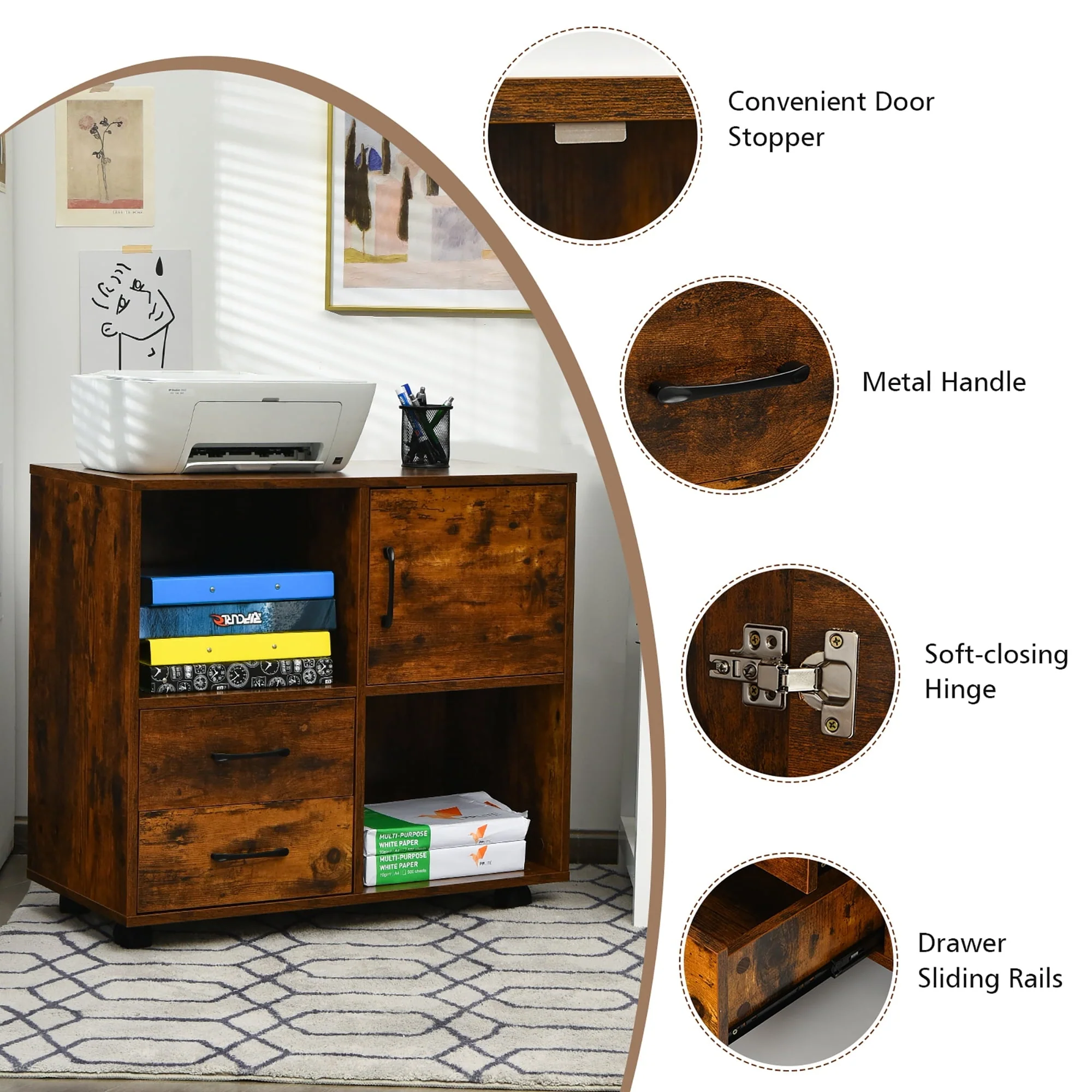 Costway File Cabinet Mobile Lateral Printer Stand with Storage Shelves Brown