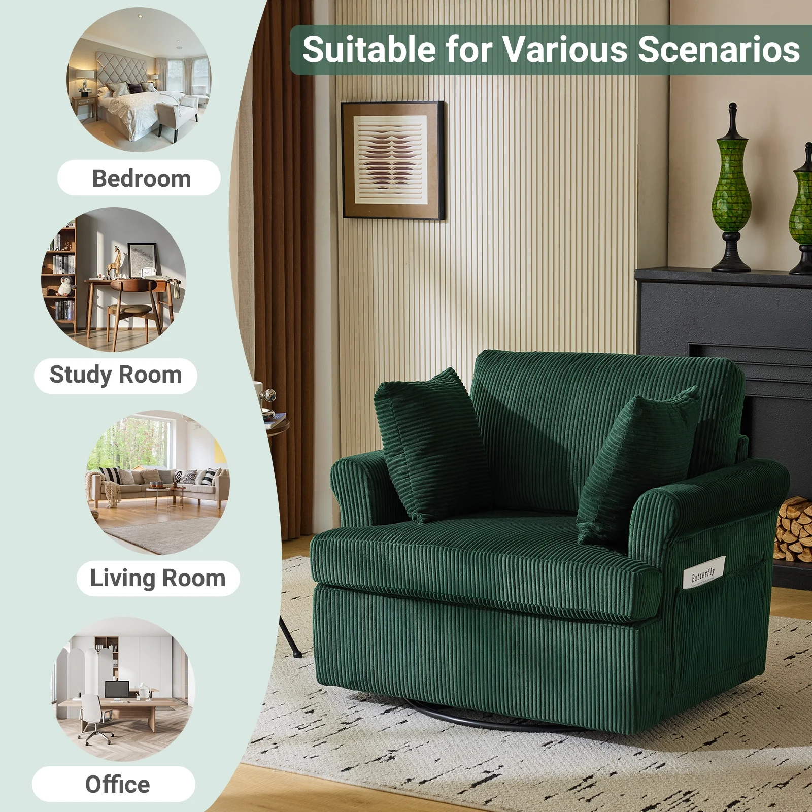 Ktaxon Swivel Accent Chair, 360-Degree Rotation Reading Chair, Corduroy Fabric Sofa with Armrest Pockets, Solid Metal Base, Perfect for Living Room Bedroom Black