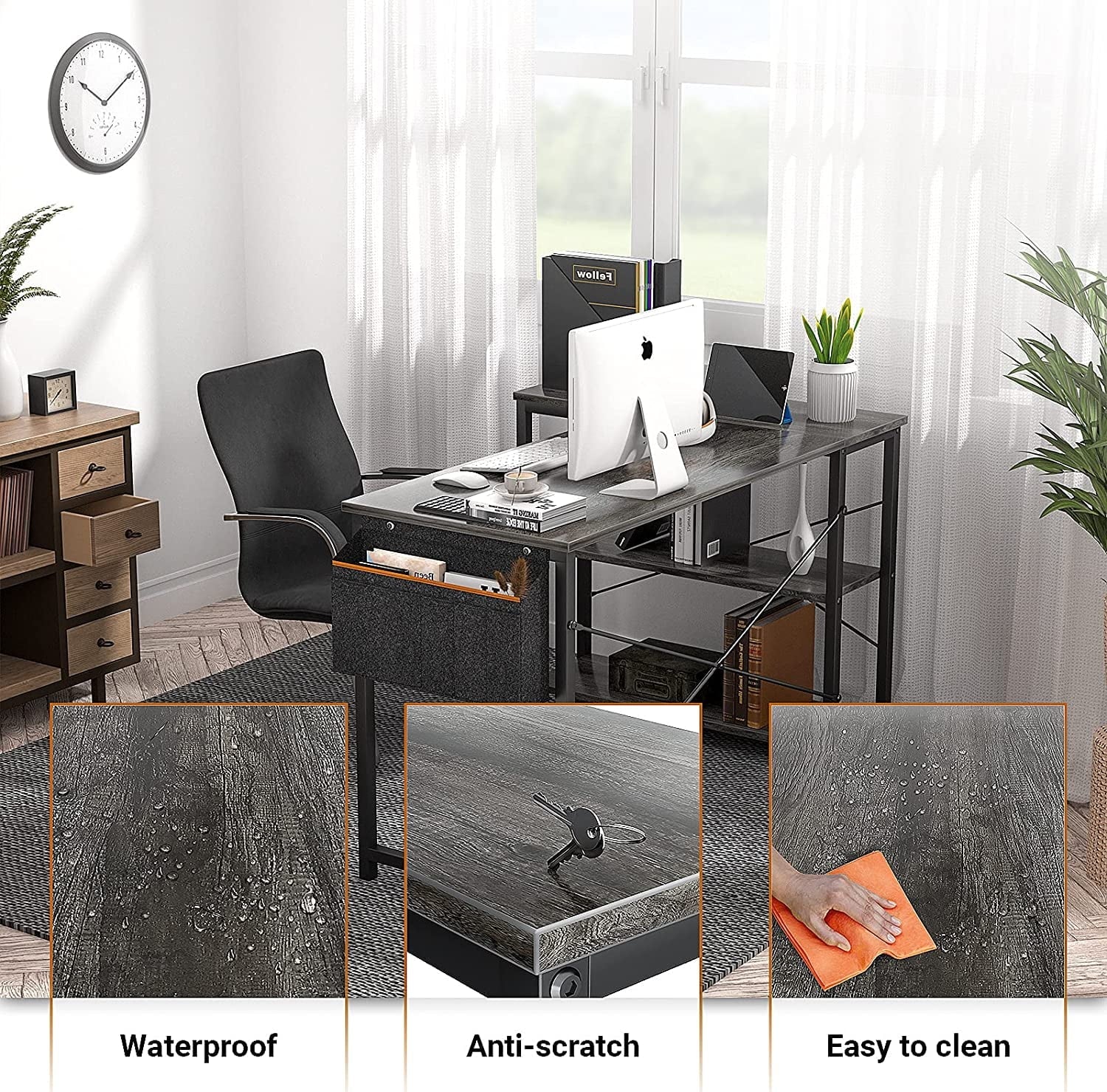 Homieasy L Shaped Desk, 47 Inch Reversible Computer Desk with Storage Shelves, Modern Corner Desk Gaming Desk Small Office Desk with Storage Bag for Home Office Workstation, Black Oak