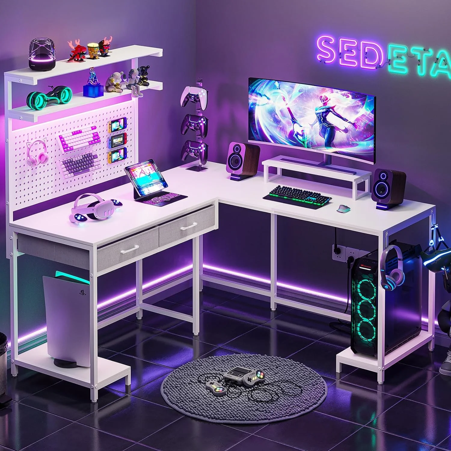 SEDETA White L Shaped Gaming Desk with LED Lights and Drawers, Gaming Desk with Hutch & Pegboard, Computer Desk with Monitor Stand, Storage Shelves, Home Office Desk Corner Desk, Gaming Table