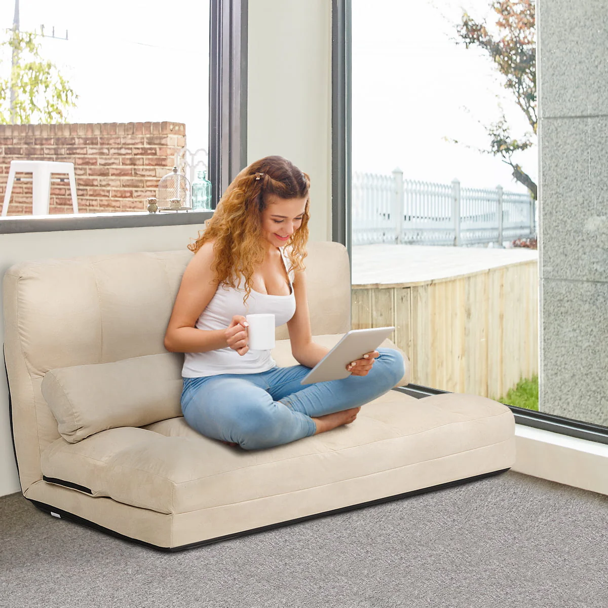 Topbuy Adjustable Floor Sofa Foldable Lazy Sofa Bed with 2 Pillows Beige