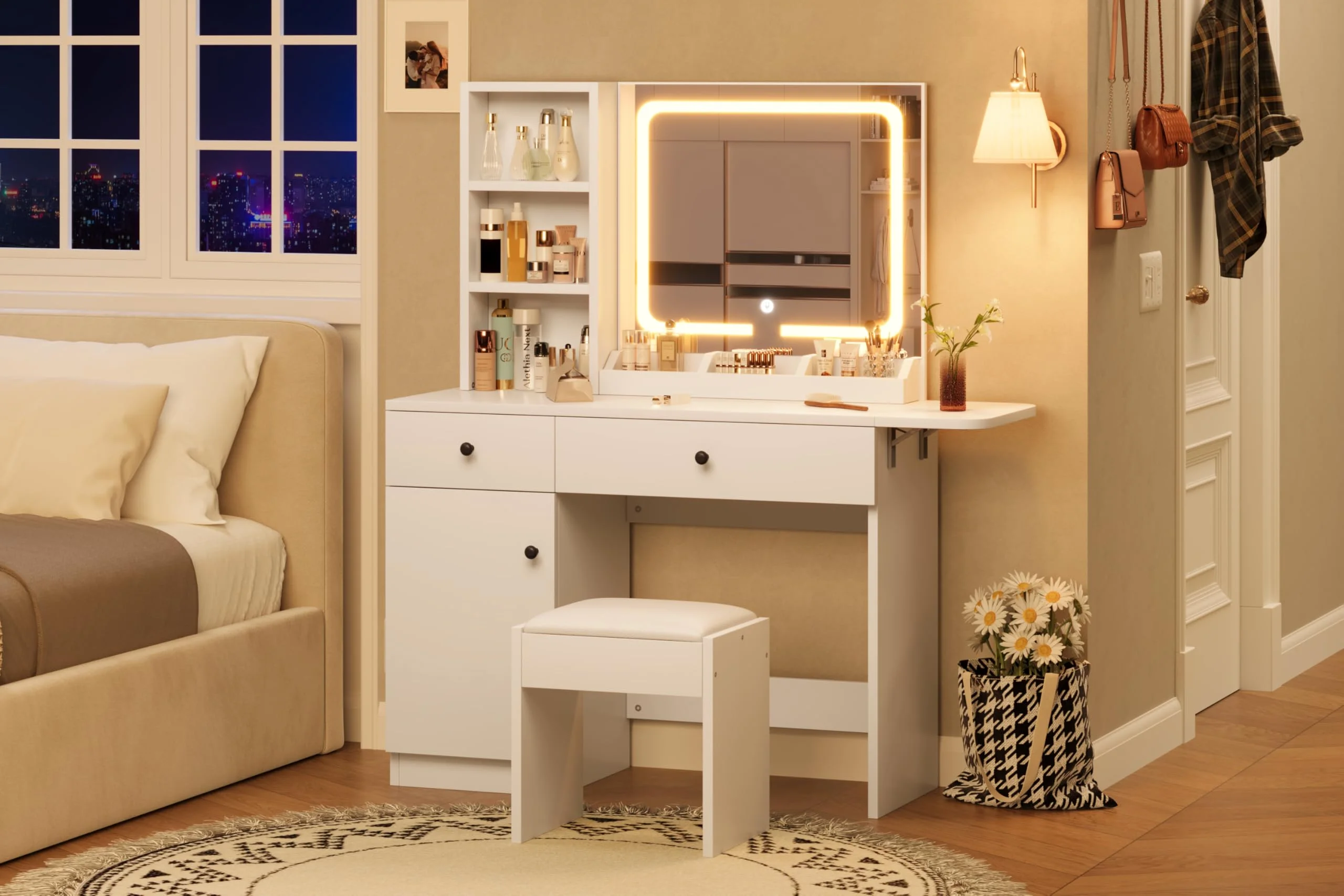 DSstyles Brown/Black/White Vanity Desk with LED Lighted Mirror & Power Outlet, Makeup Vanity with Drawers & Cabinet & Chair, Vanity Table Set for Bedroom