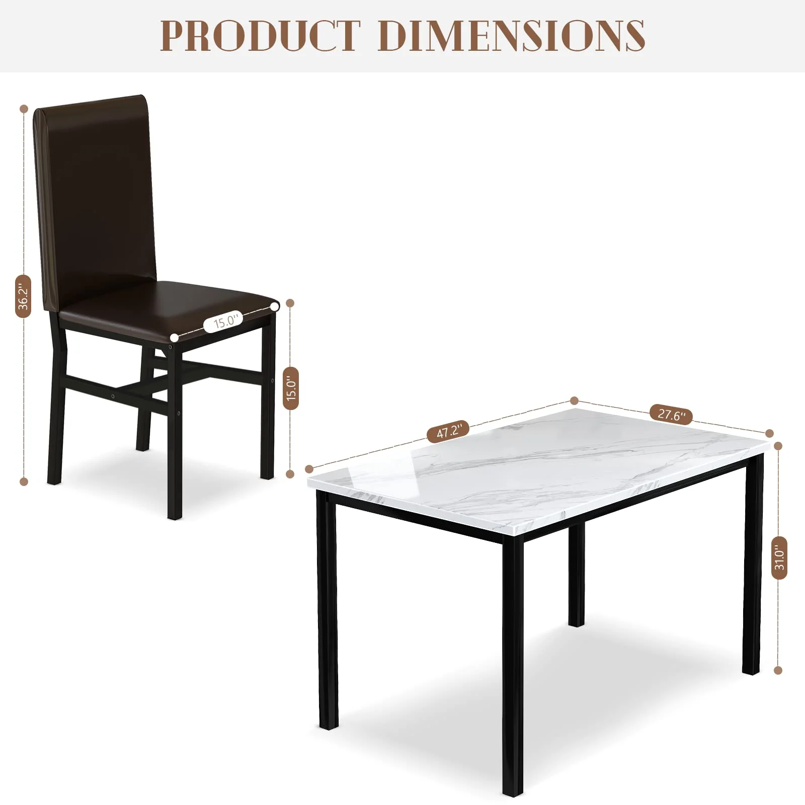 AWQM Dining Table Set of 4, Faux Marble 5 Piece Dining Room Table Set with PU Leather Chairs, Rectangular Kitchen Table Set for Apartment, Dining, White