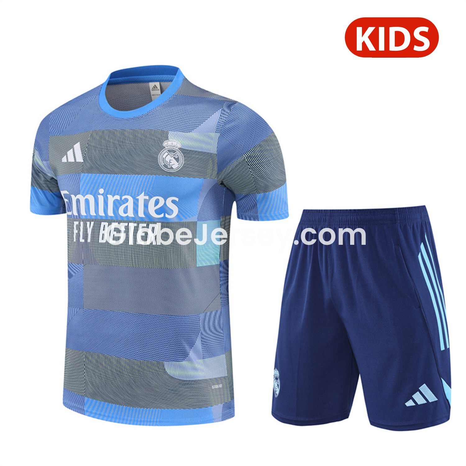 Real Madrid 25-26 Pre-Match Kids Short-Sleeve Training Set - Blue-Gray Camouflage Top and Blue Shorts