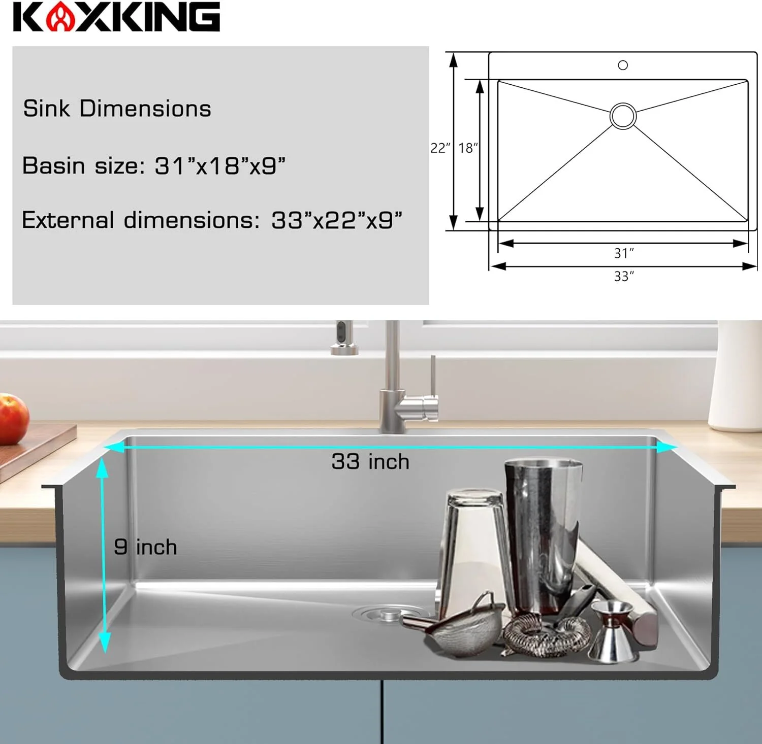 33 x 22 Inch Black Stainless Steel Single Bowl Kitchen Sink, Drop-In Topmount, 18 Gauge, with Bottom Grid and Drain Strainer Set