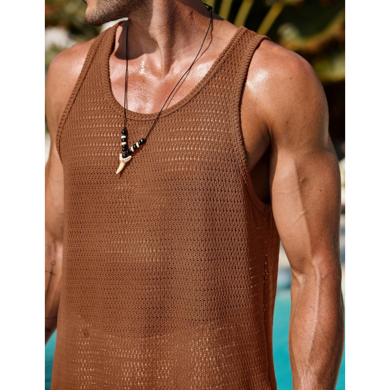 Men Mesh Hollow Out Tank Top Breathable See Through Beach Vest(S-XXL)